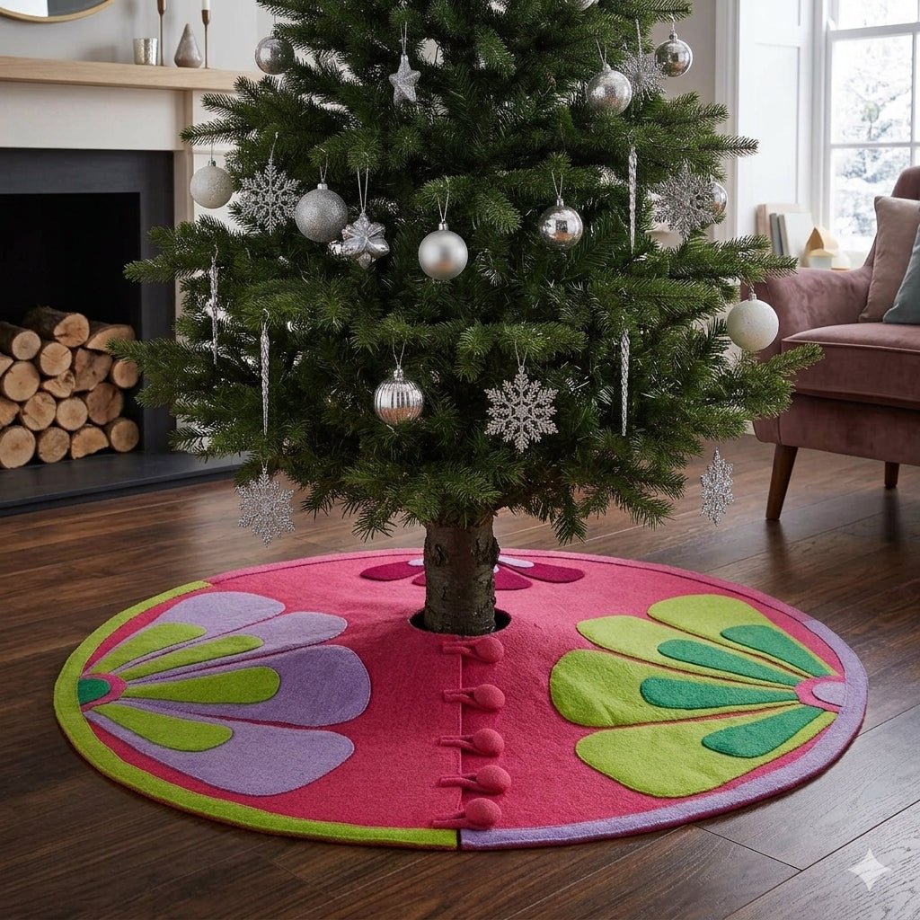 Handmade Christmas Tree Skirt In Felt - Flowers On Pink - 60"
