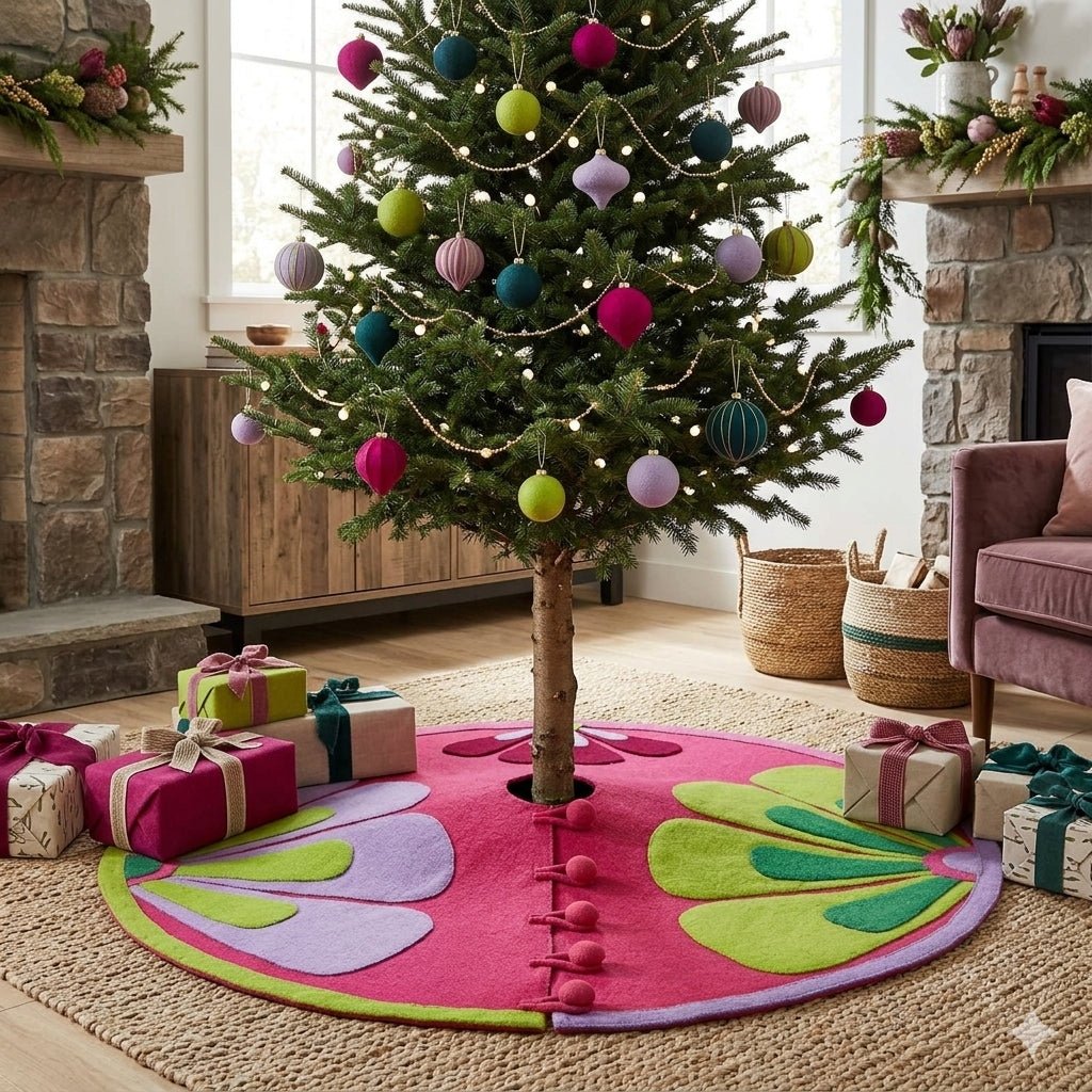 Handmade Christmas Tree Skirt In Felt - Flowers On Pink - 60"
