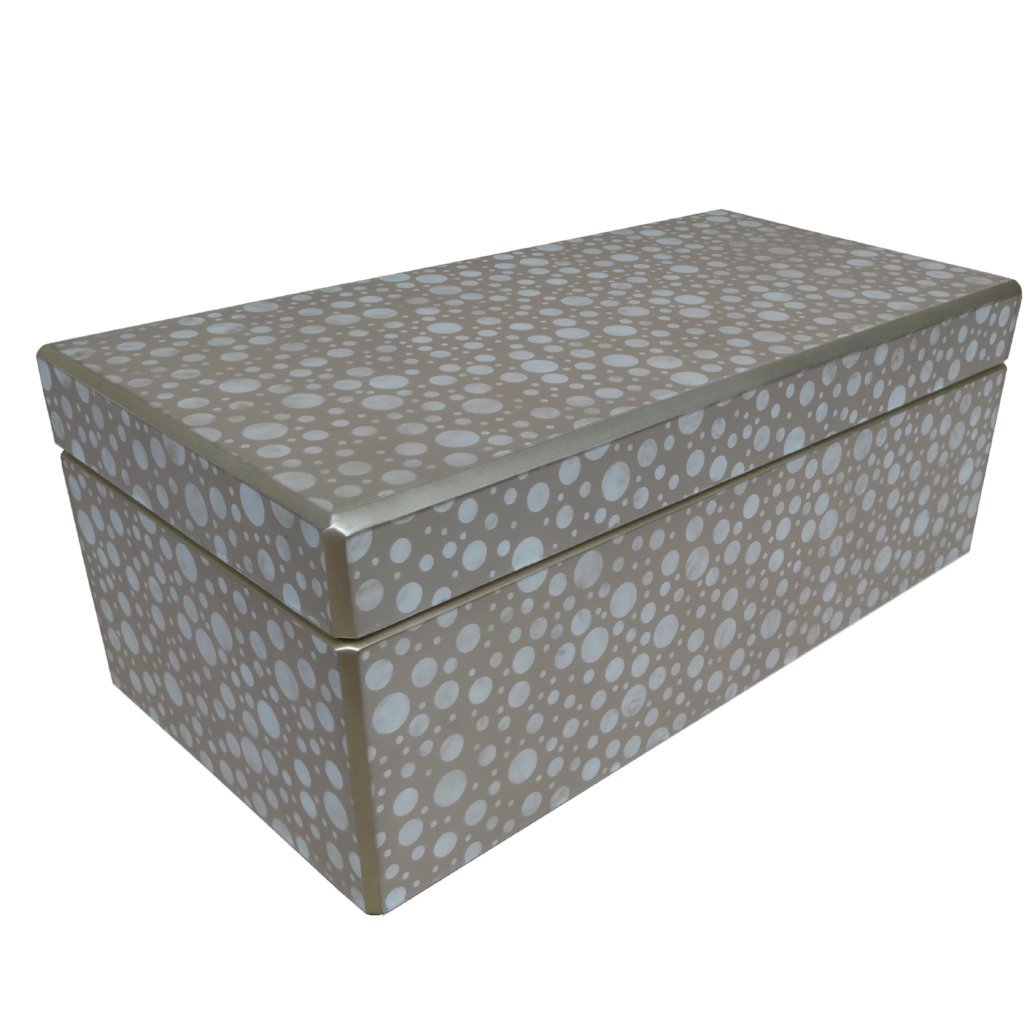 Handmade Reverse Painted Mirror Rectangular Box White And Beige Dots