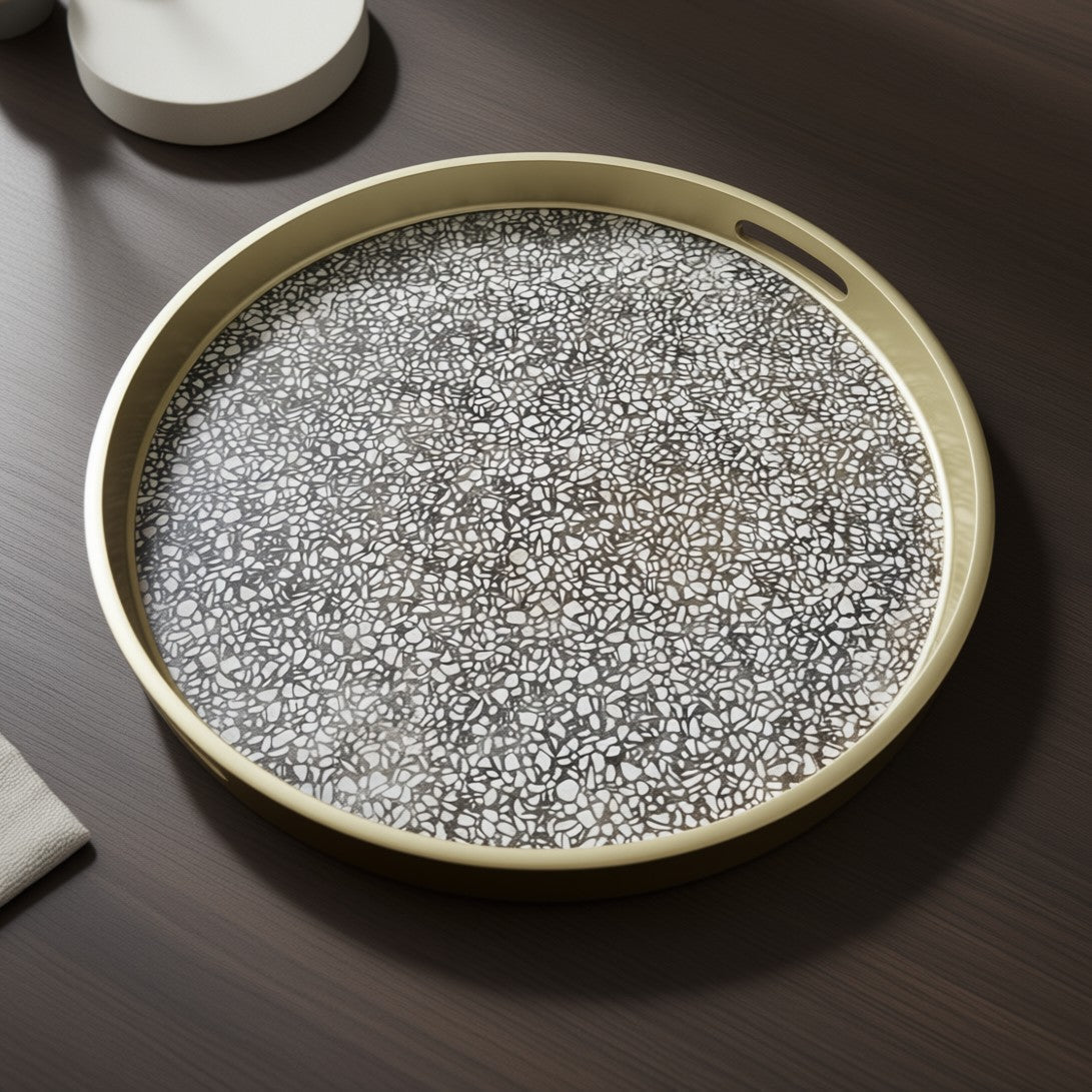 Handmade Reverse Painted Mirror Round Tray Terrazzo