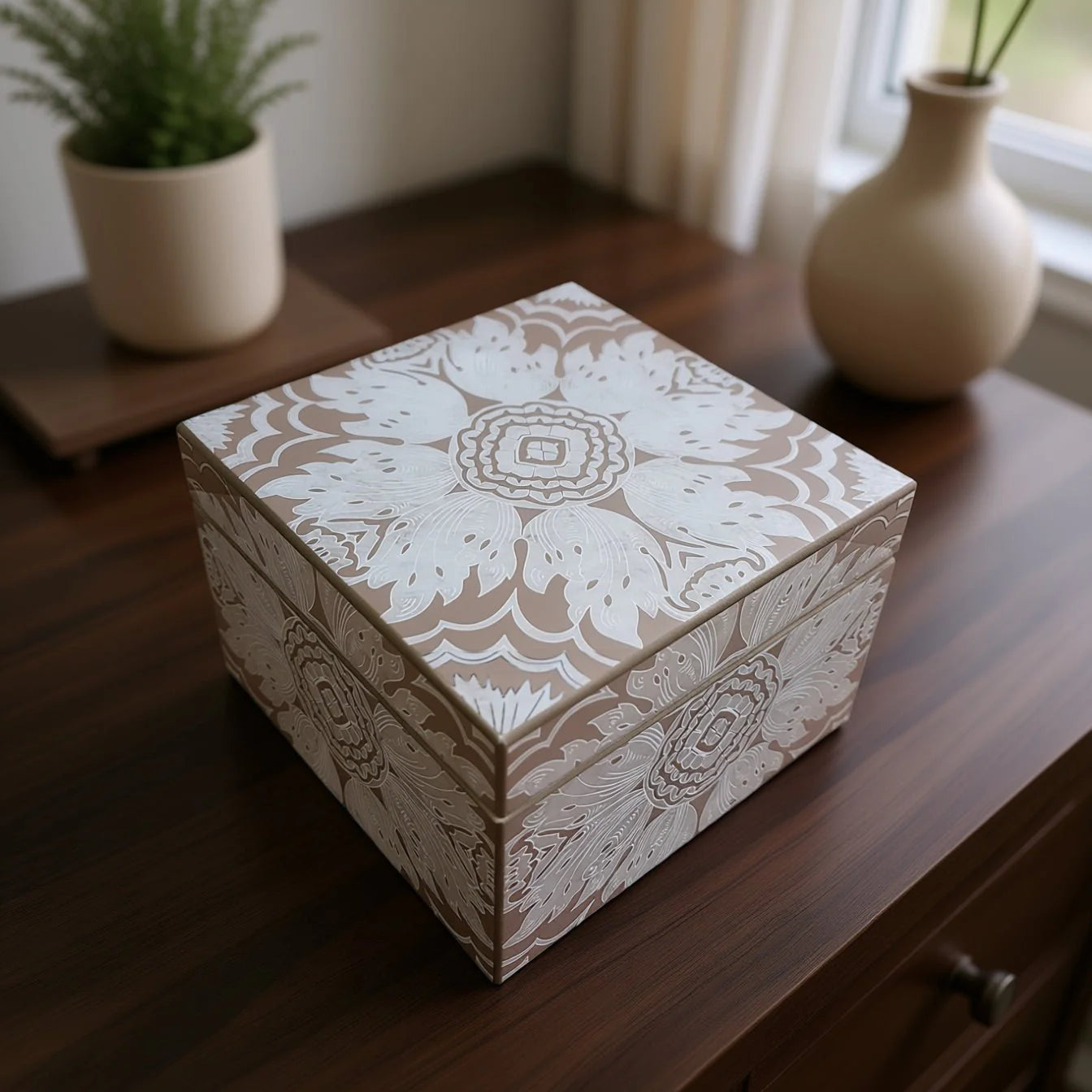 Handmade Reverse Painted Mirror Square Box Beige - Medium