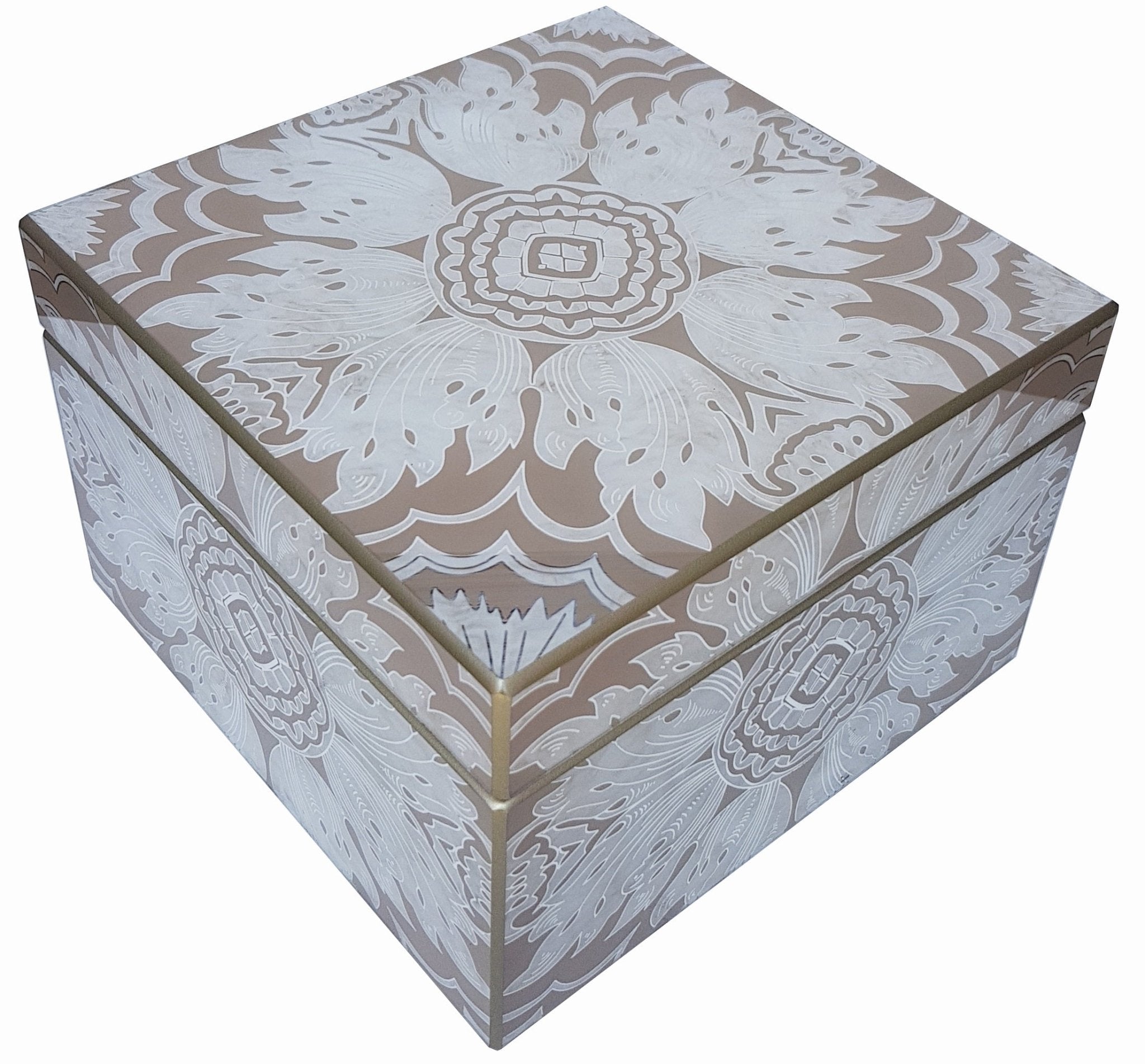 Handmade Reverse Painted Mirror Square Box Beige - Medium