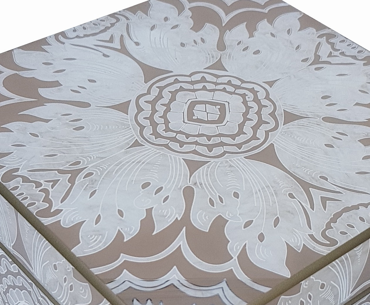 Handmade Reverse Painted Mirror Square Box Beige - Medium