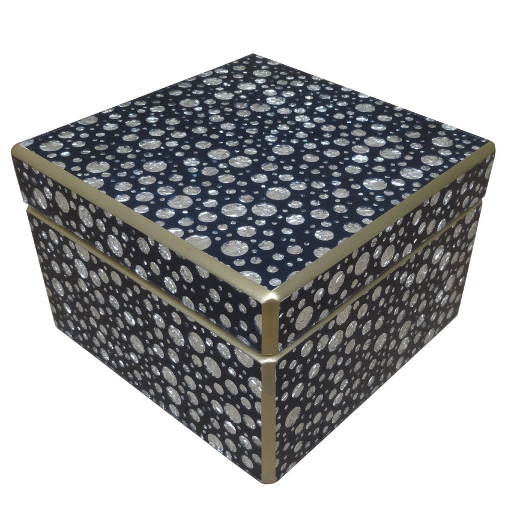 Handmade Reverse Painted Mirror Square Box Silver Dots Blue - Medium