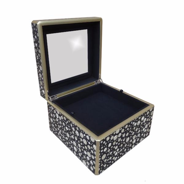 Handmade Reverse Painted Mirror Square Box Silver Dots Blue - Medium