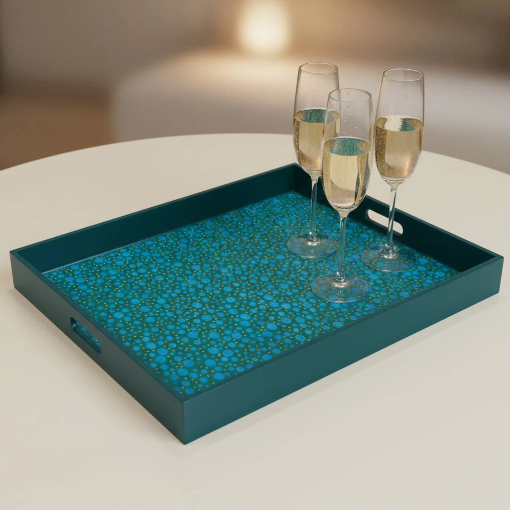 Handmade Reverse Painted Mirror Tray  Blue Bubbles - Extra Large Arcadia Home