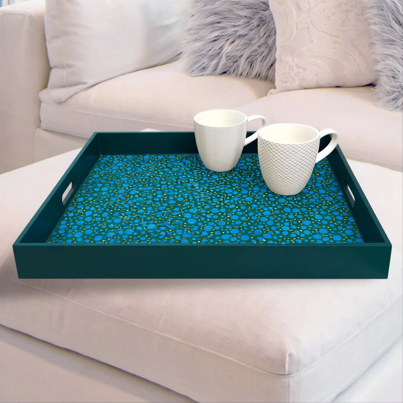 Handmade Reverse Painted Mirror Tray  Blue Bubbles - Extra Large Arcadia Home
