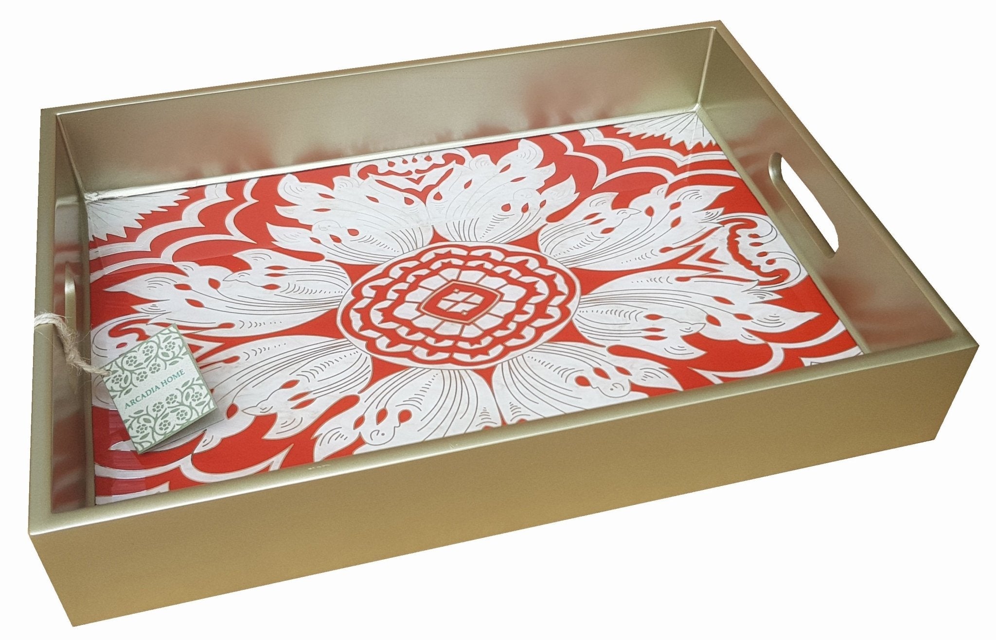 Handmade Reverse Painted Mirror Tray  Red - Medium Arcadia Home