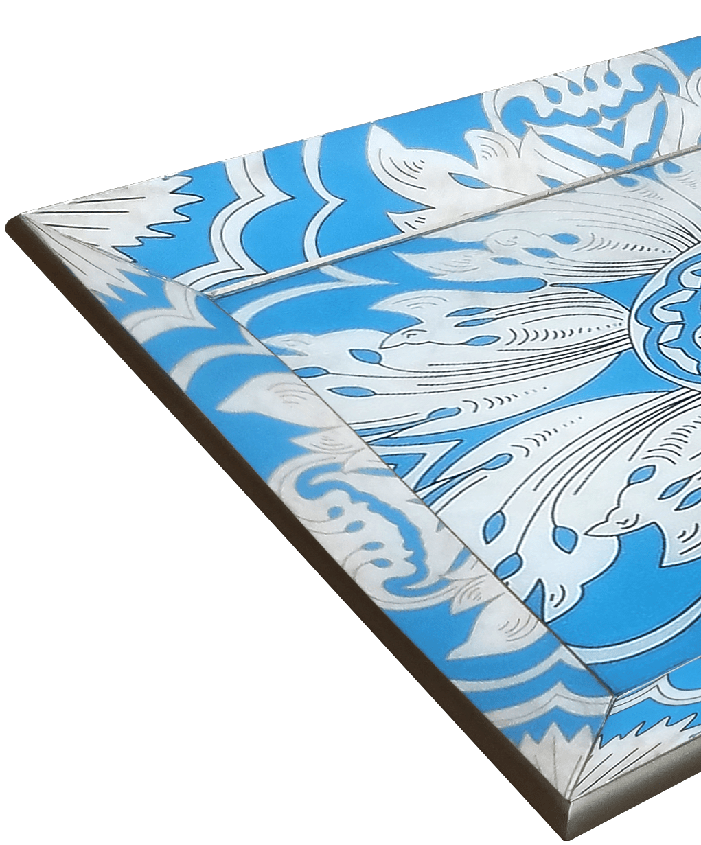 Handmade Reverse Painted Mirror Tray Beveled Edge Sky Blue - Medium