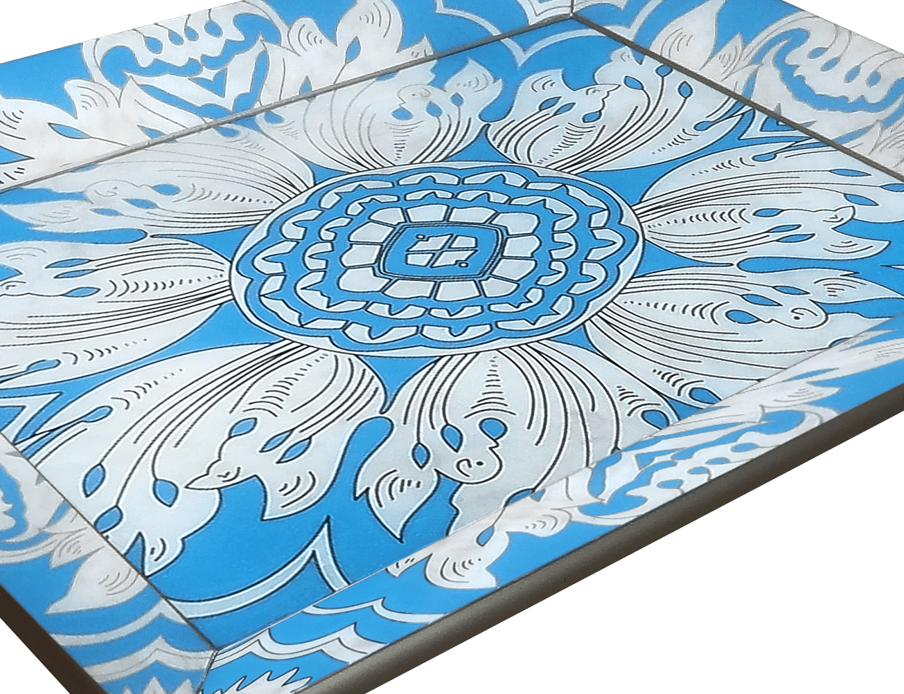 Handmade Reverse Painted Mirror Tray Beveled Edge Sky Blue - Medium