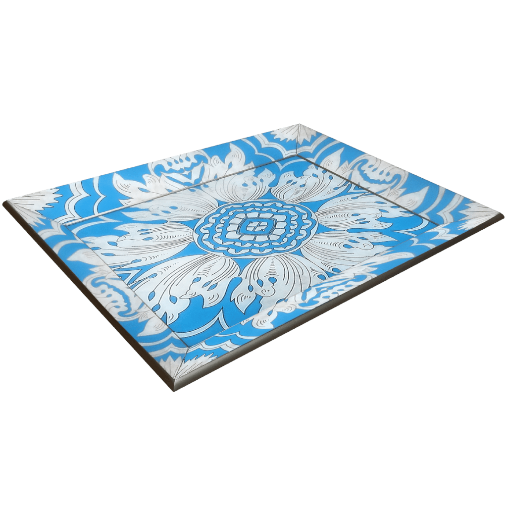 Handmade Reverse Painted Mirror Tray Beveled Edge Sky Blue - Medium