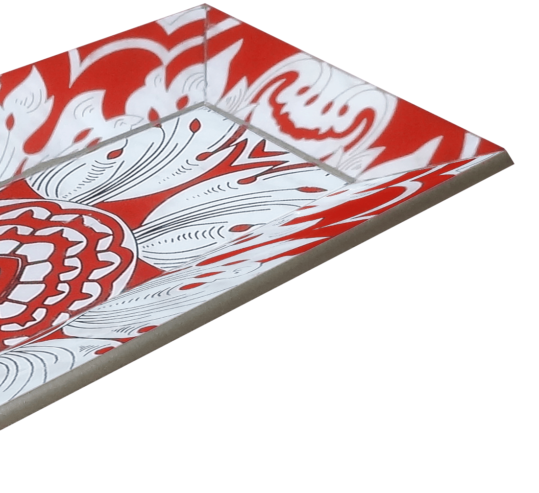 Handmade Reverse Painted Mirror Tray Beveled Edge Tomato Red - Small