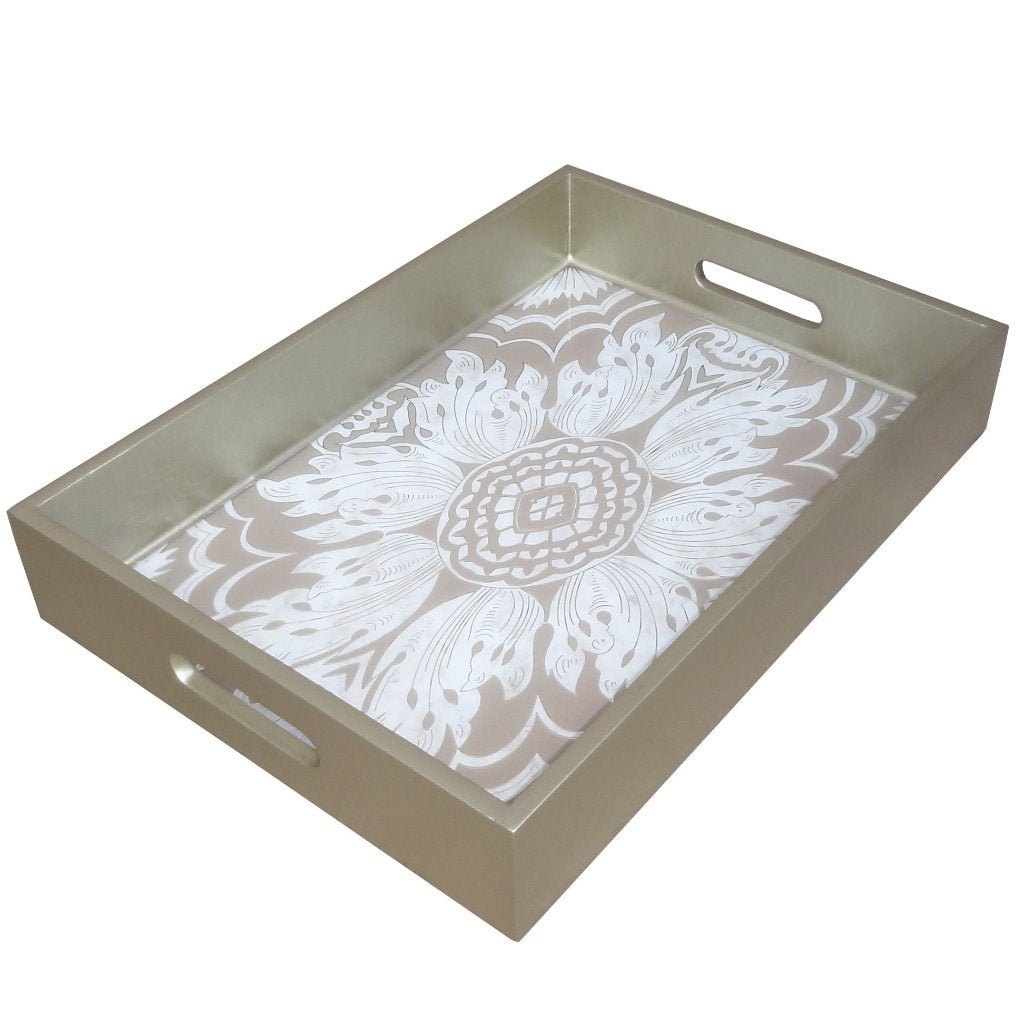 Handmade Reverse Painted Mirror Tray With Handles In Beige And Silver - Medium