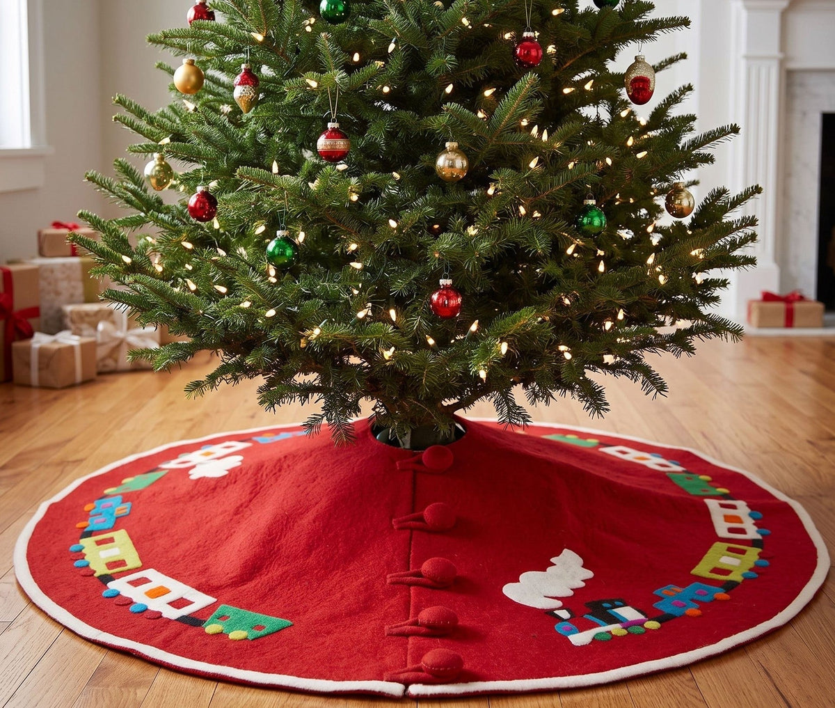 Handmade Toy Train Red Christmas Tree Skirt Felt 26"/60"