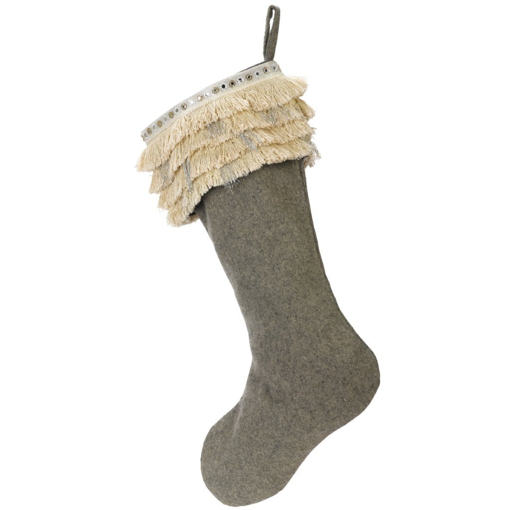 Handmade Wool Christmas Stocking - Fringe Gray
