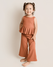 Hattie Peplum Top Two-piece Wide Leg Set - Copper Ember