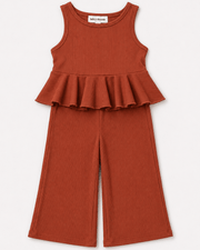 Hattie Peplum Top Two-piece Wide Leg Set - Copper Ember