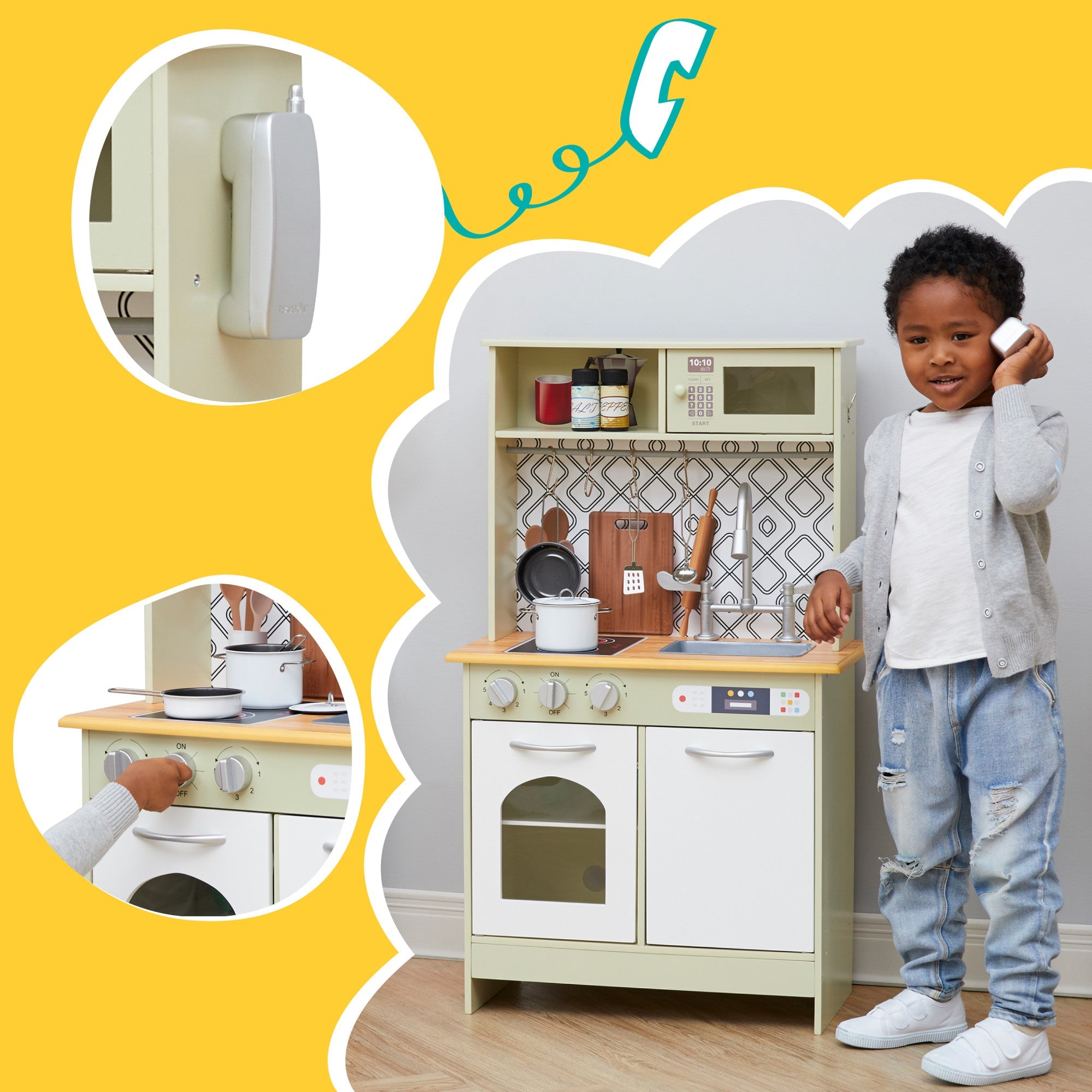 Little Chef Boston Farmhouse Wooden Kitchen Playset, Green/white