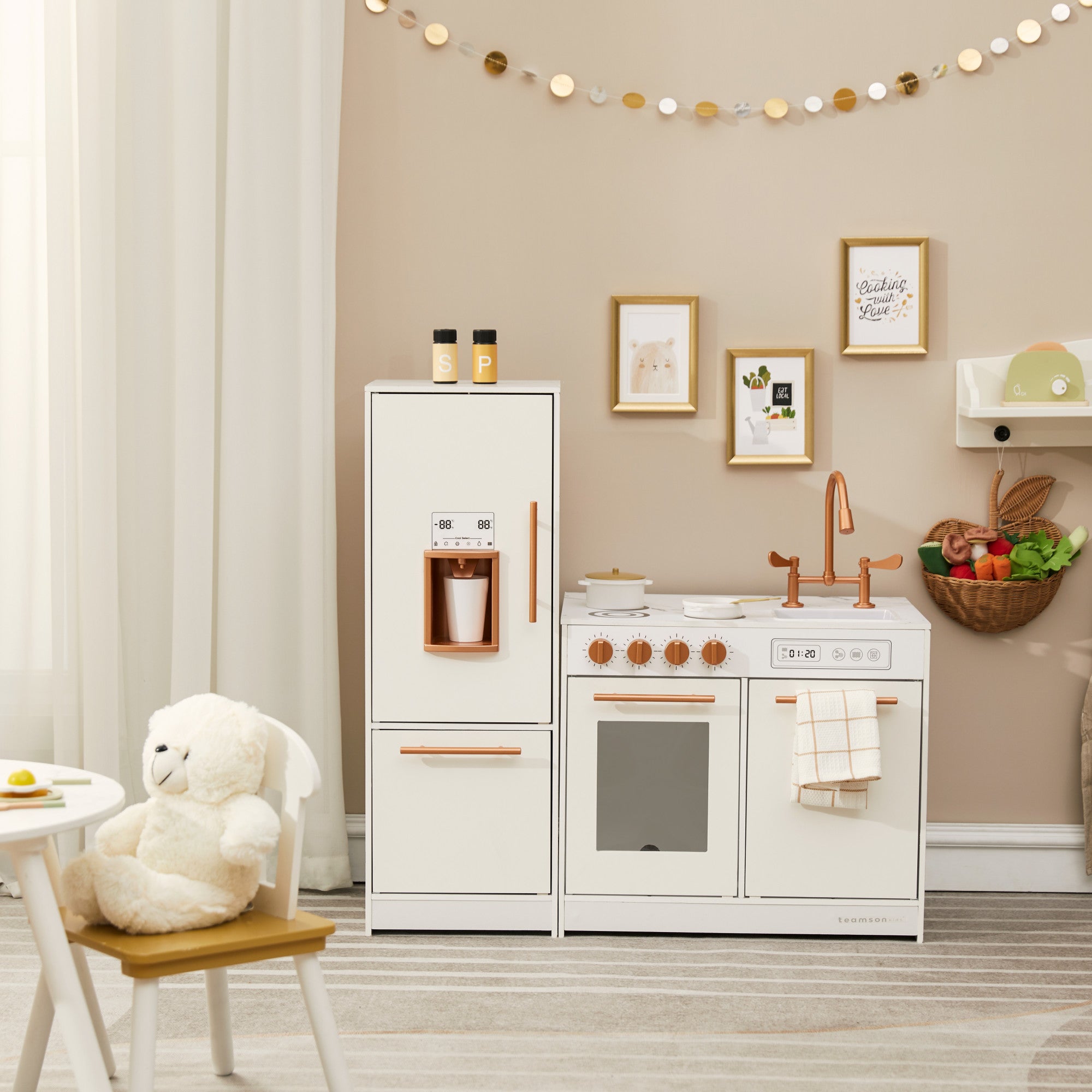 Little Chef Milano Two-piece Modular Modern Delight Play Kitchen With Cooking Accessories, Faux Marble Countertop, & Rose Gold Hardware, White