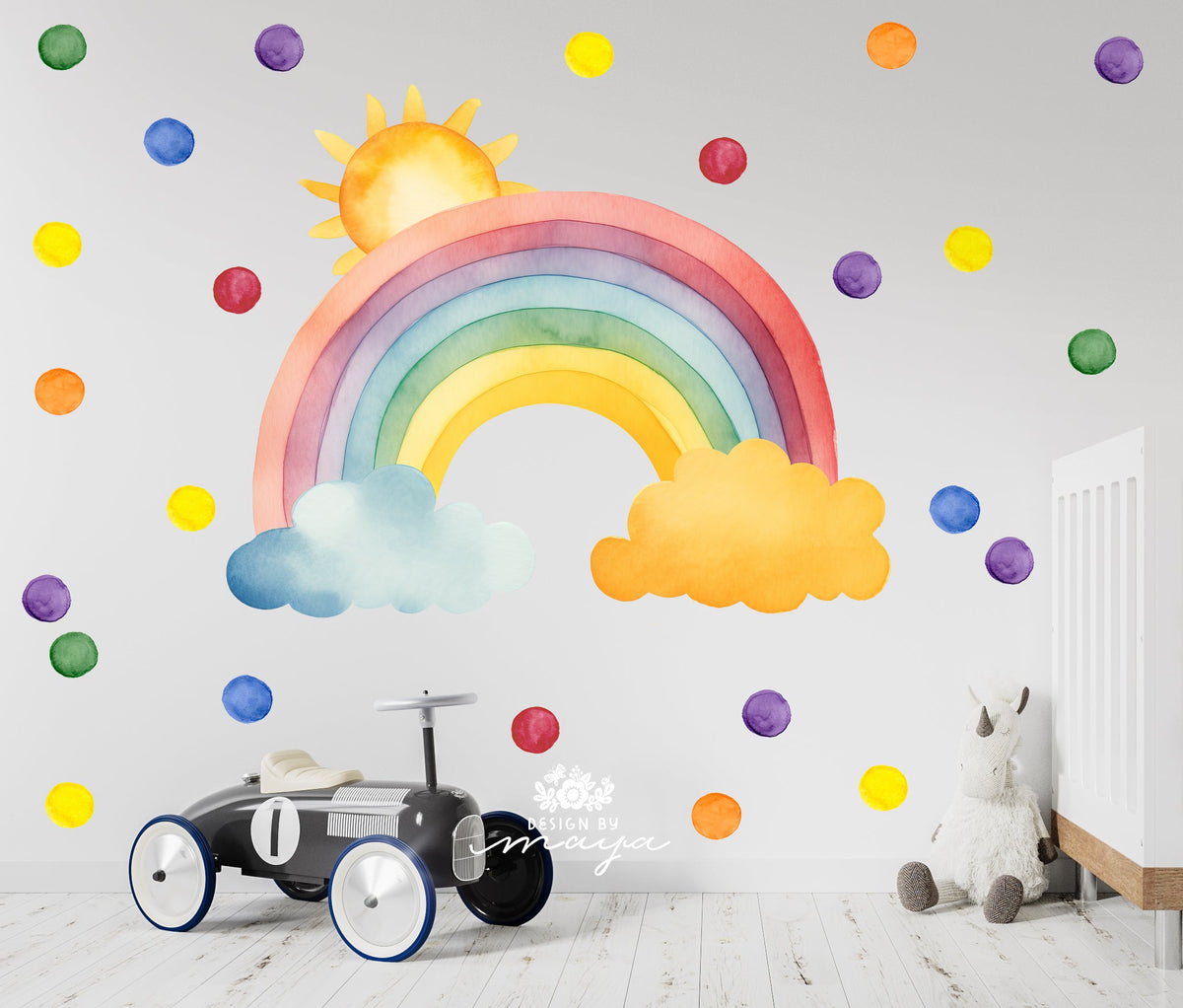 Watercolor Rainbow & Dots - Fabric Nursery Wall Art Decals