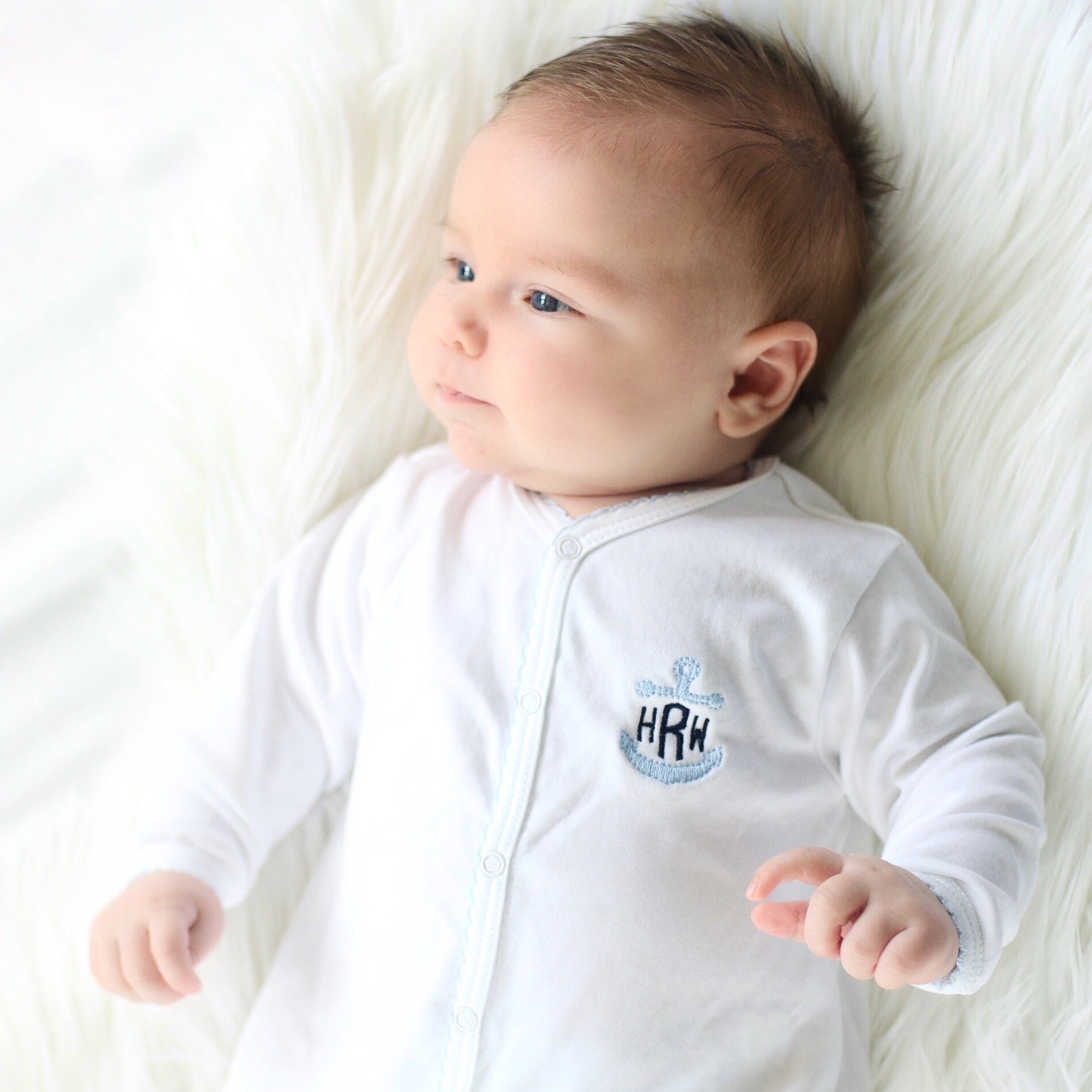 White With Baby Blue Trim Footie With Anchor Monogram