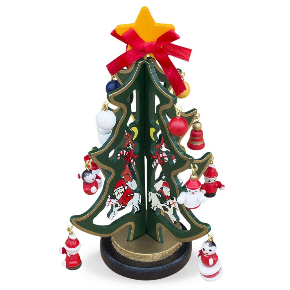 Delightful Wooden Tabletop Christmas Tree With Santa And Miniature Ornaments 6.5 Inches Tall