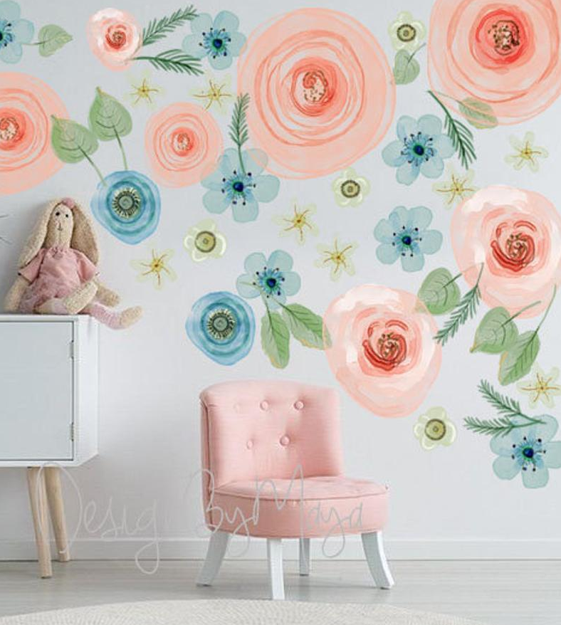 Baby Girl Pink Flowers- Fabric Nursery Wall Art Decals