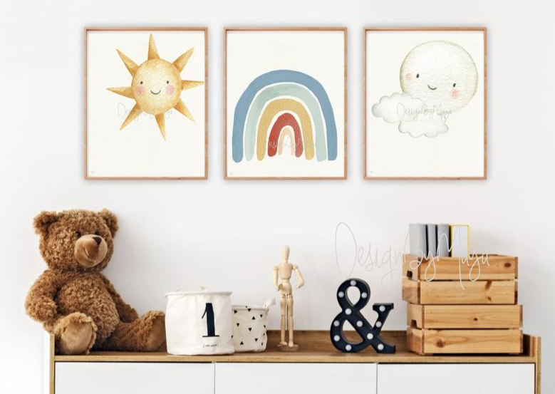 Boho Clouds, Sun, Moon, And Rainbow - Luster Paper Nursery Wall Art Prints
