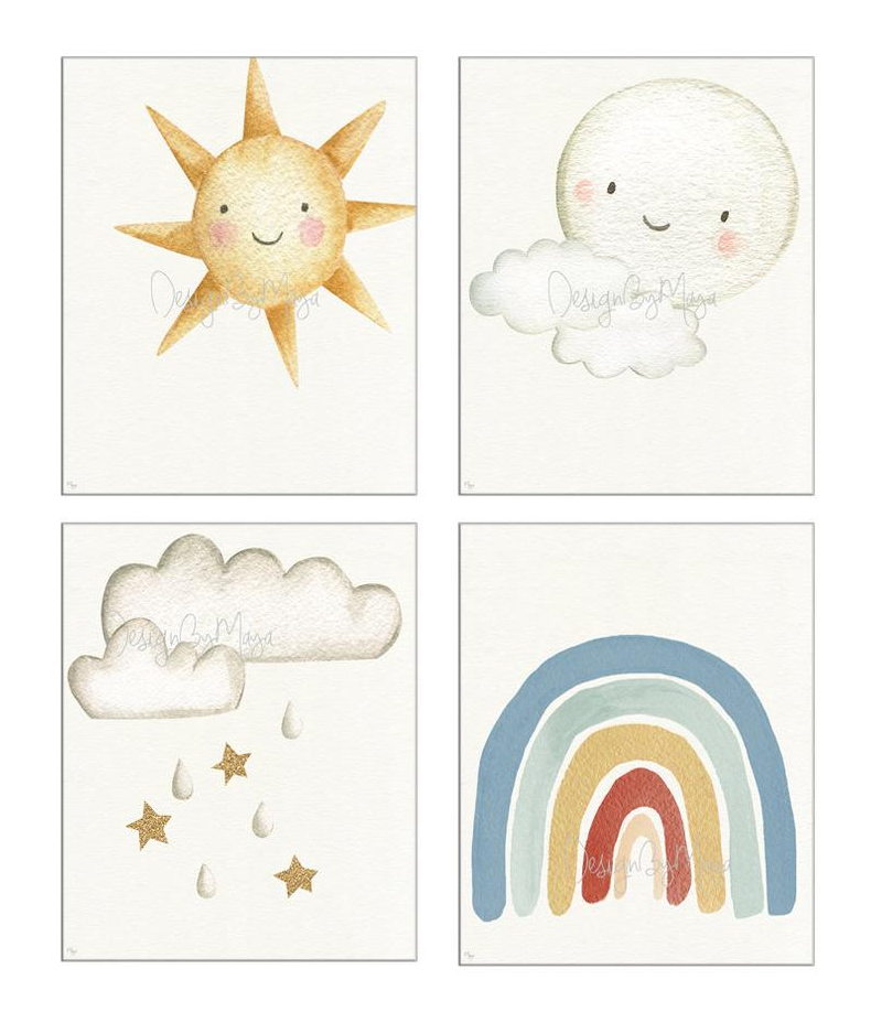 Boho Clouds, Sun, Moon, And Rainbow - Luster Paper Nursery Wall Art Prints