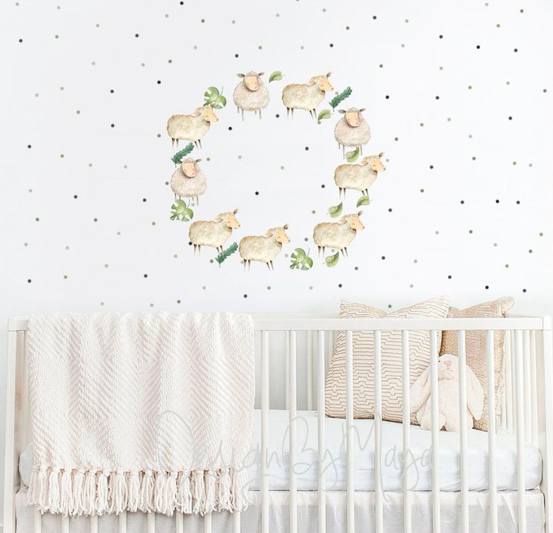 Little Baby Sheep And Polka Dots - Fabric Nursery Wall Art Decals