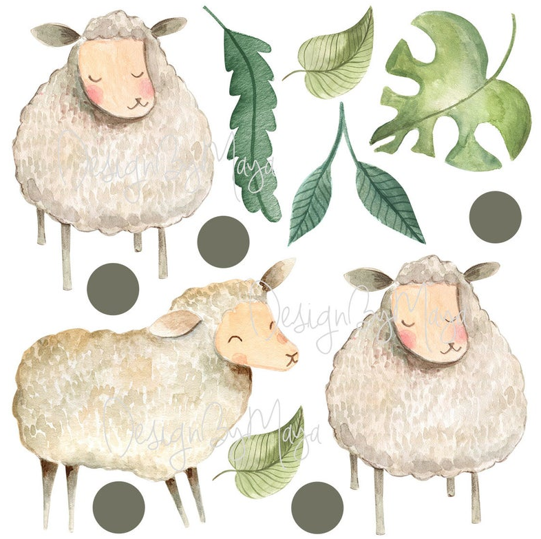 Little Baby Sheep And Polka Dots - Fabric Nursery Wall Art Decals