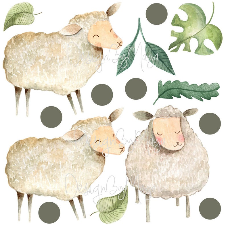 Little Baby Sheep And Polka Dots - Fabric Nursery Wall Art Decals