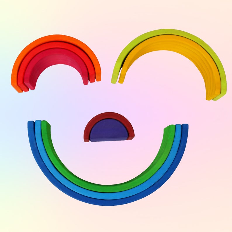 10 Pcs Stained Wooden Rainbow Stacking Puzzle Blocks In Sunset Color