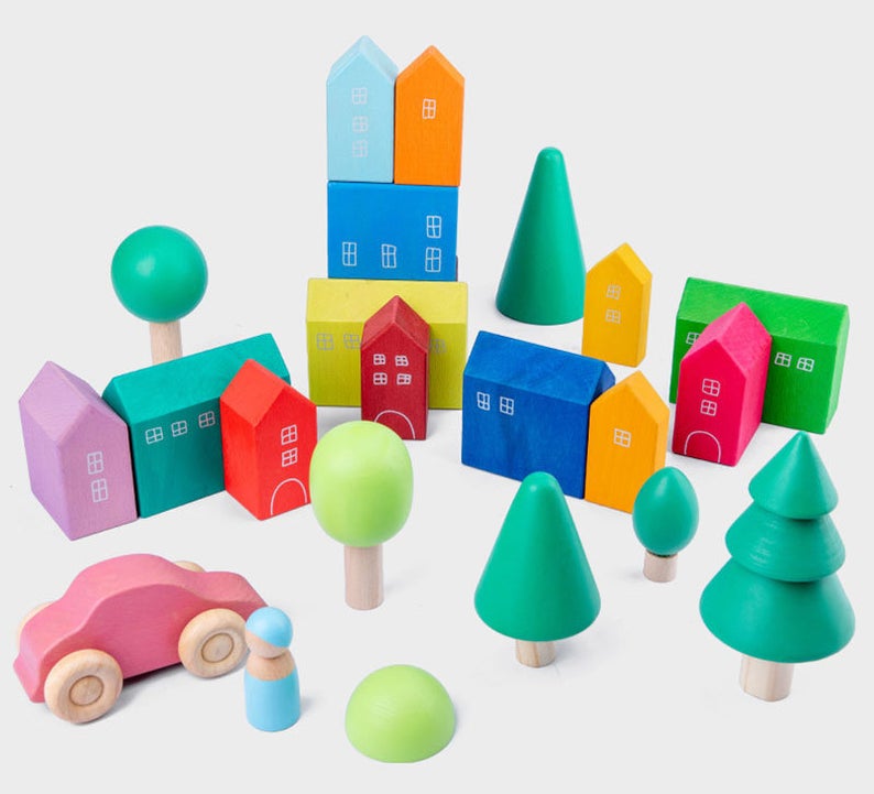 15 Pcs Little Village Wooden House Toys Building Blocks