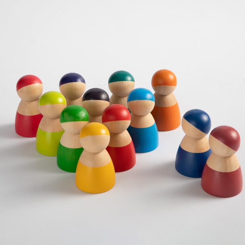 12 Pcs Rainbow Wooden Peg Dolls In Primary Colors