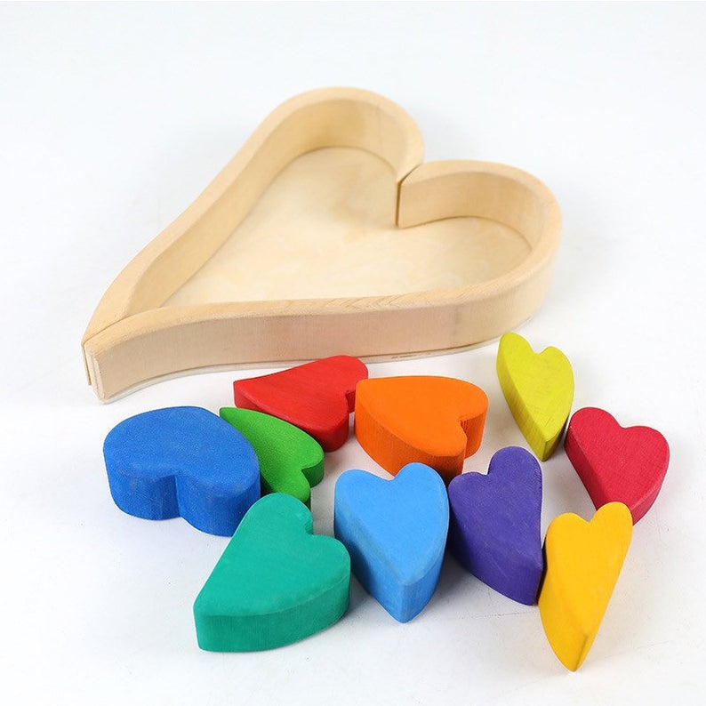 10 Pcs Stained Rainbow Heart-shaped Wooden Stacking Puzzle Blocks