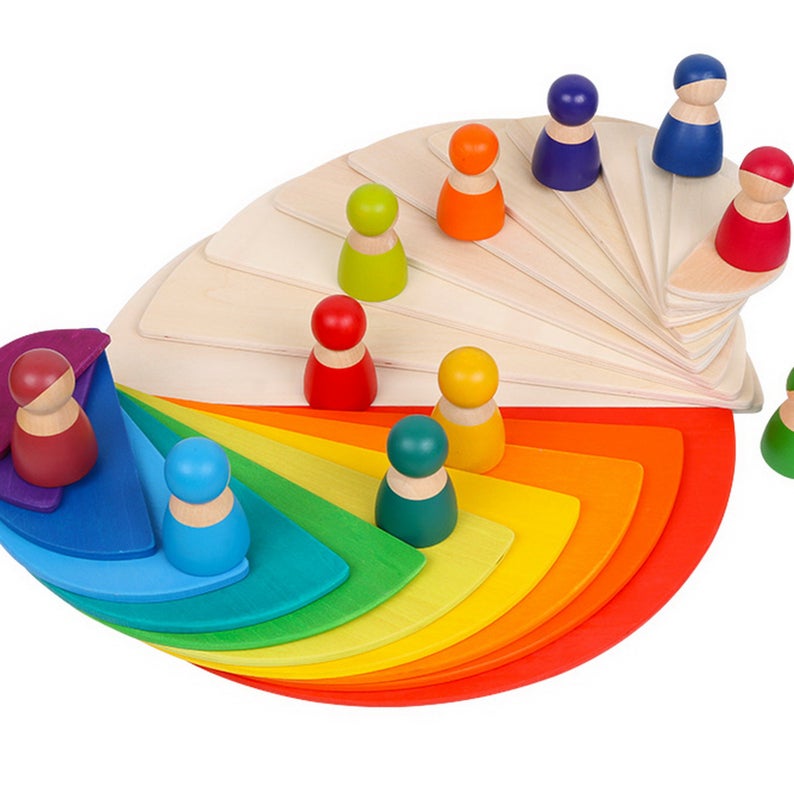 11 Pcs Large Wooden Rainbow Stacking Semi-circles Building Boards Set In Natural Colors