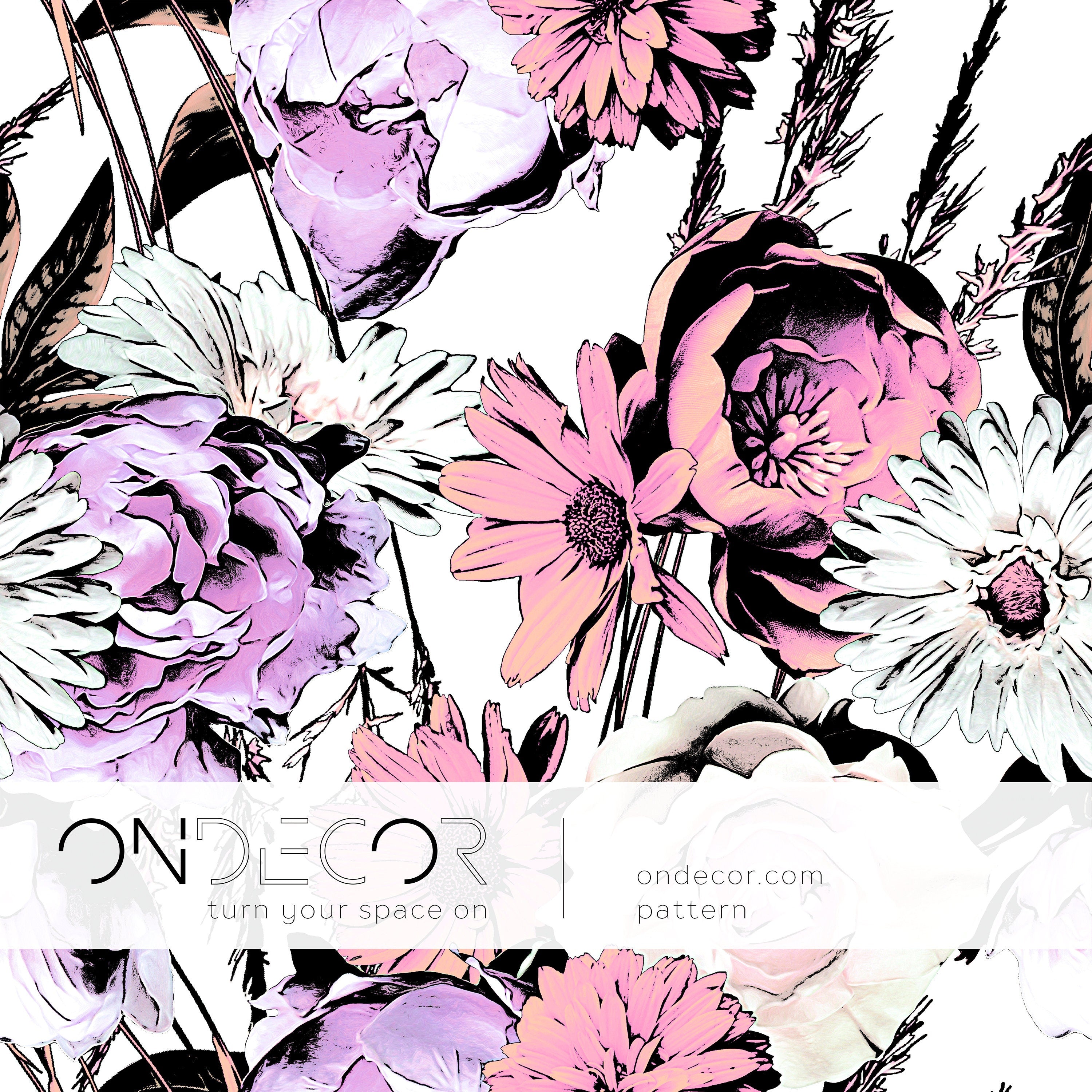 Floral Wallpaper With Illustrated Bouquets In Pink, Purple, And Black - B080