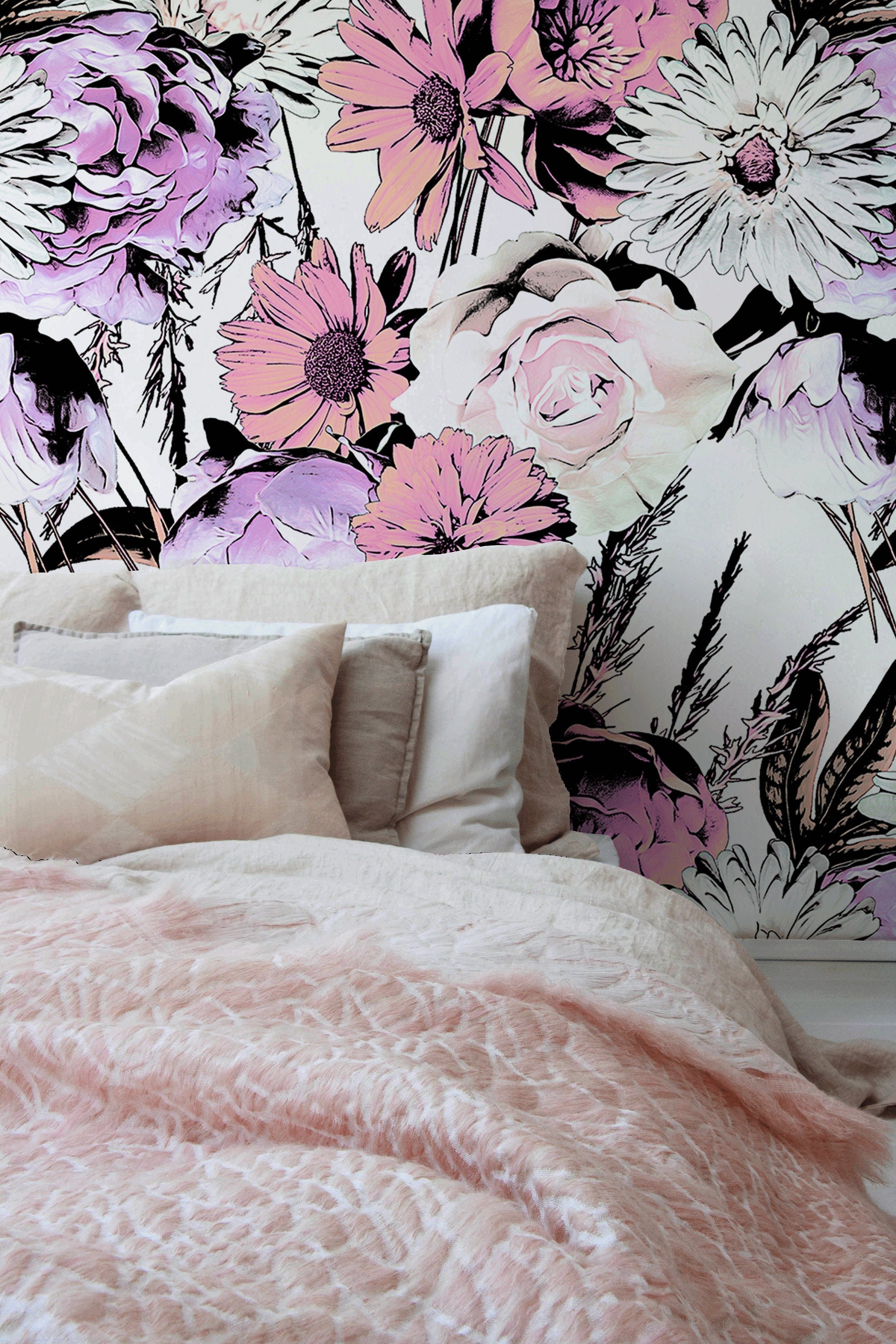 Floral Wallpaper With Illustrated Bouquets In Pink, Purple, And Black - B080