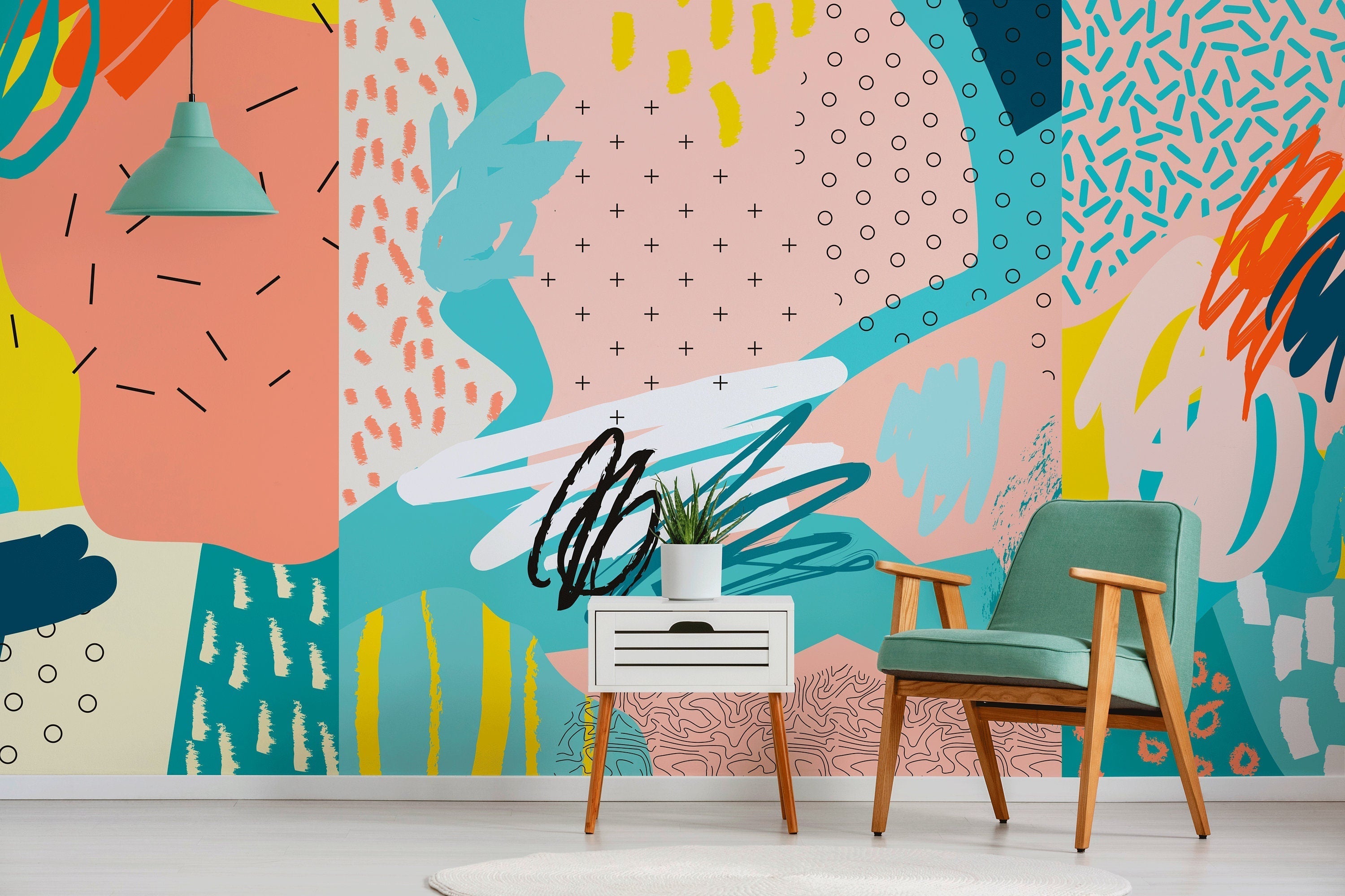 Abstract Wallpaper With A Bold Collage Of Patterns In Teal, Yellow, And Pink - A519