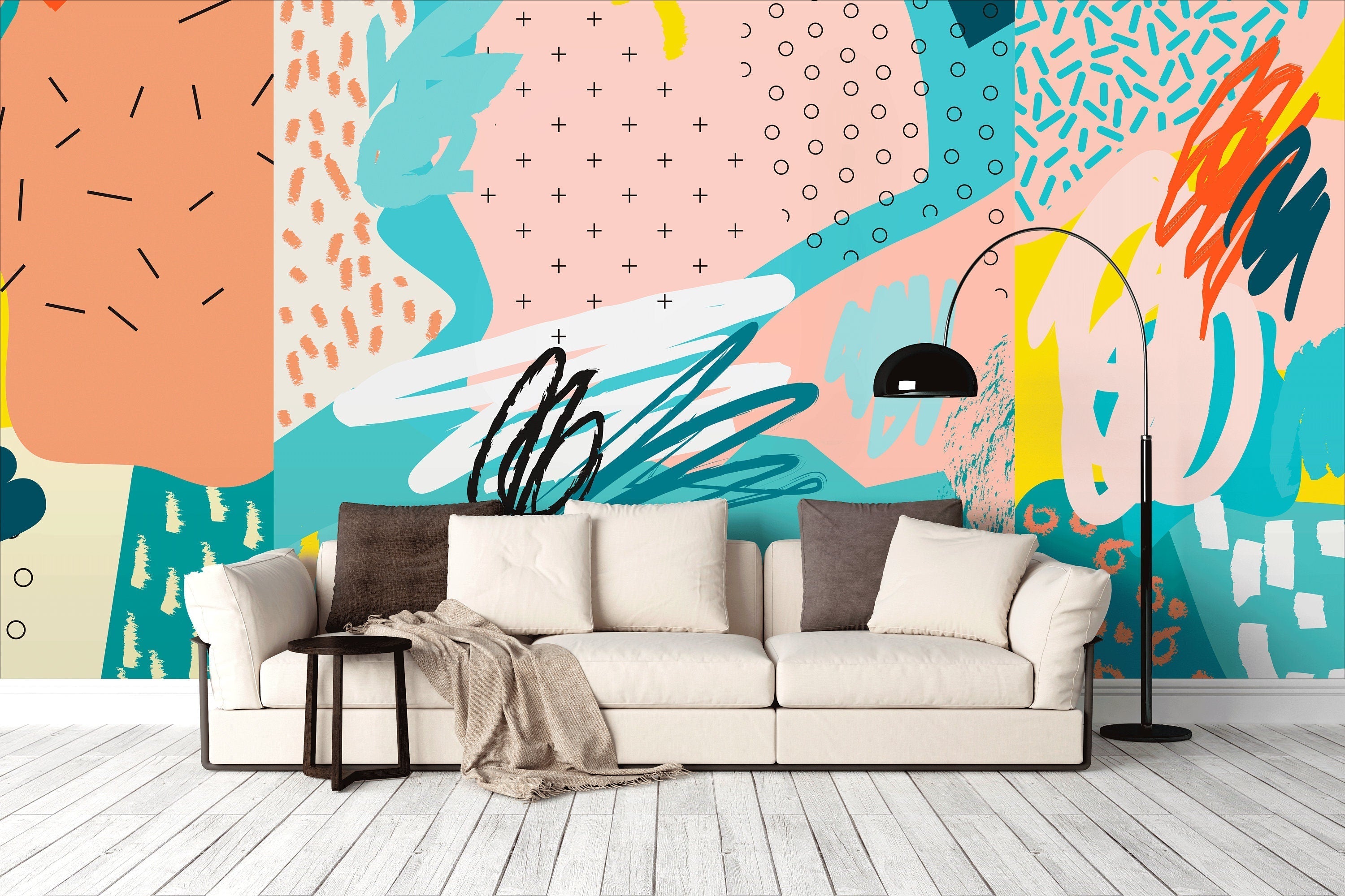 Abstract Wallpaper With A Bold Collage Of Patterns In Teal, Yellow, And Pink - A519