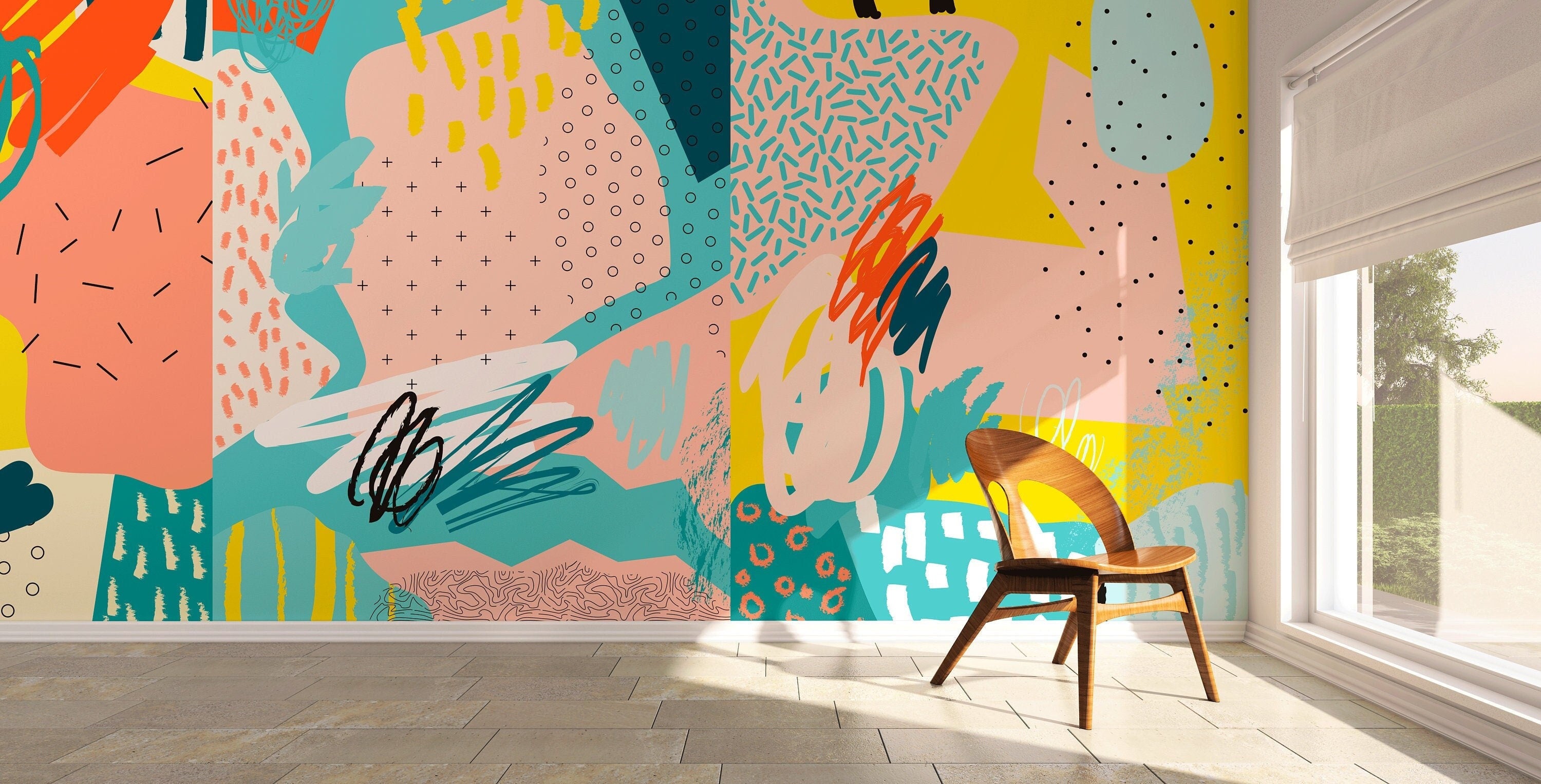 Abstract Wallpaper With A Bold Collage Of Patterns In Teal, Yellow, And Pink - A519