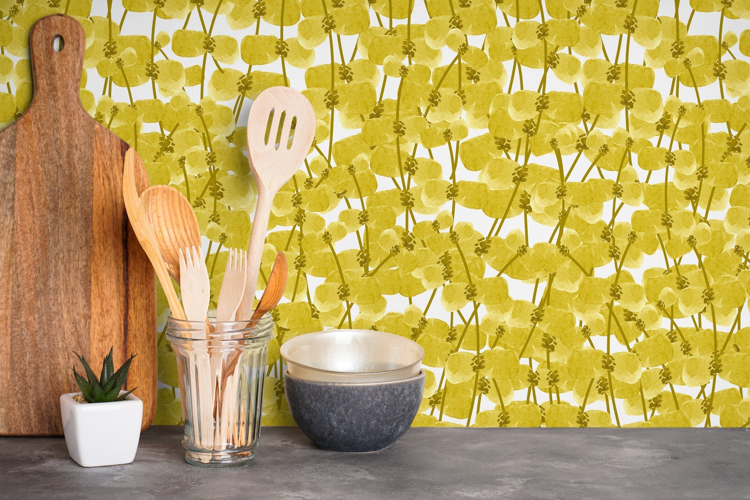 Botanical Wallpaper With Watercolor Style Leaves In Yellow And Olive - X006