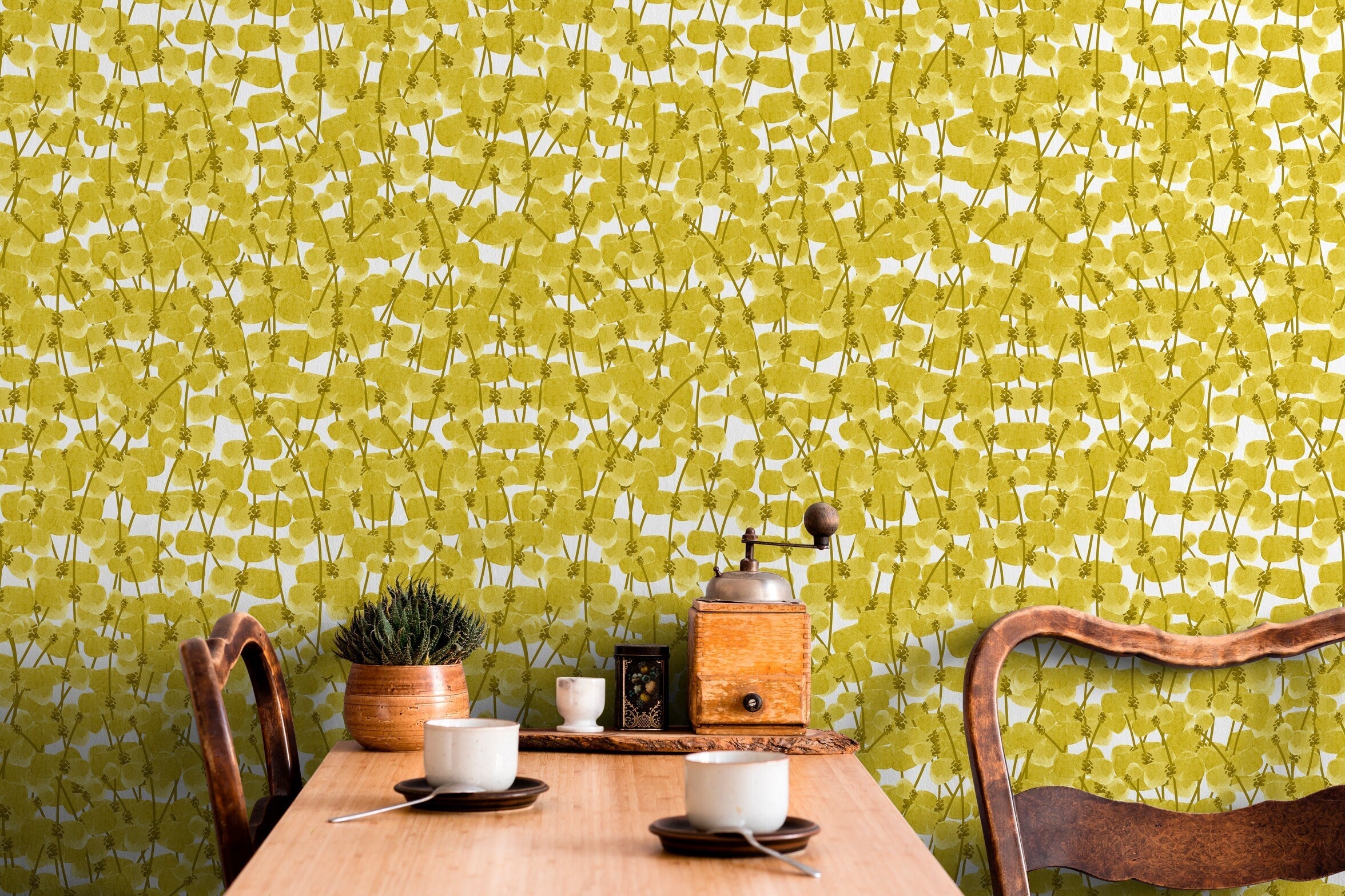 Botanical Wallpaper With Watercolor Style Leaves In Yellow And Olive - X006