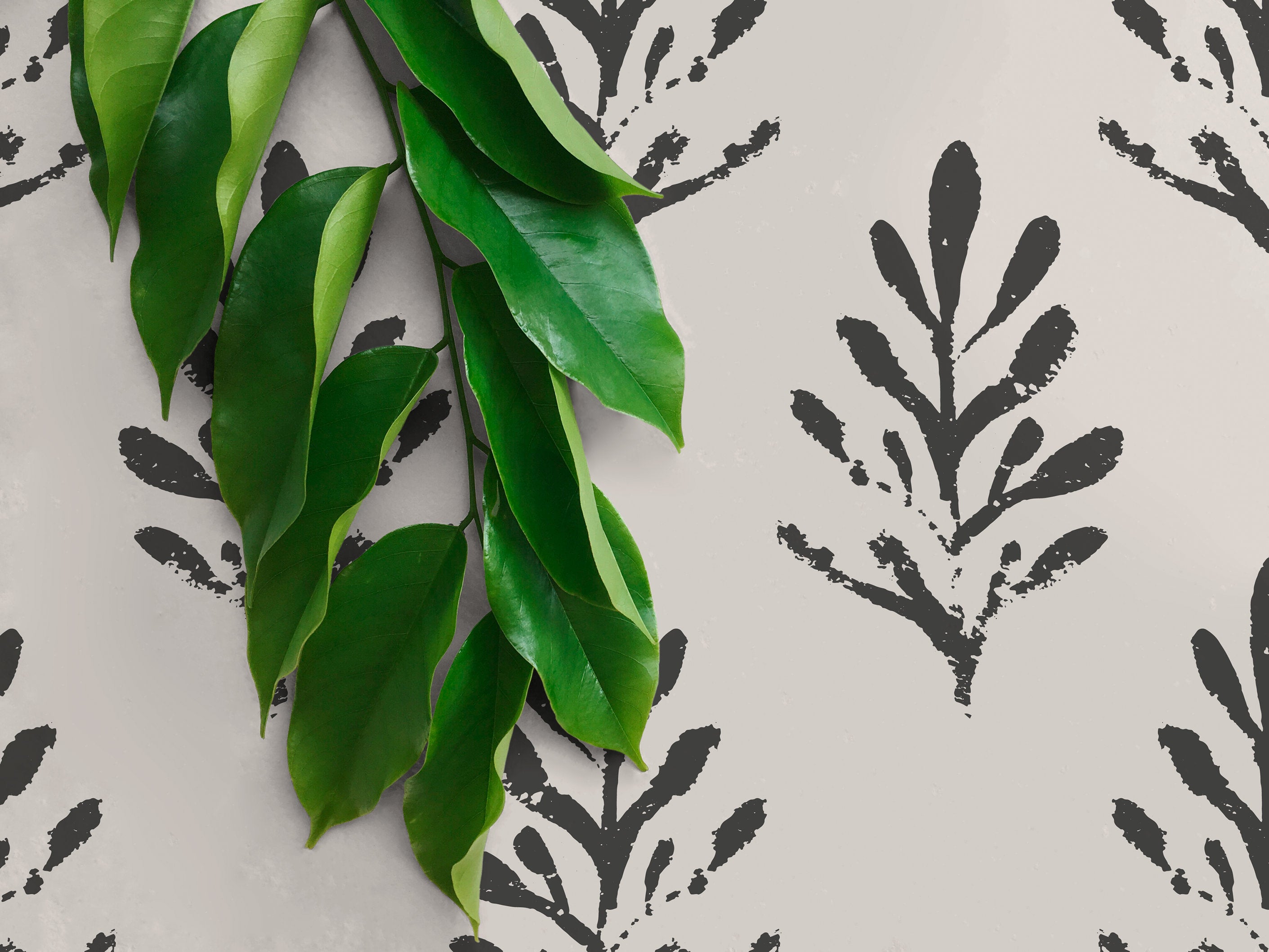 Botanical Wallpaper With A Block Print Leaf Motif In Black And Beige - X004