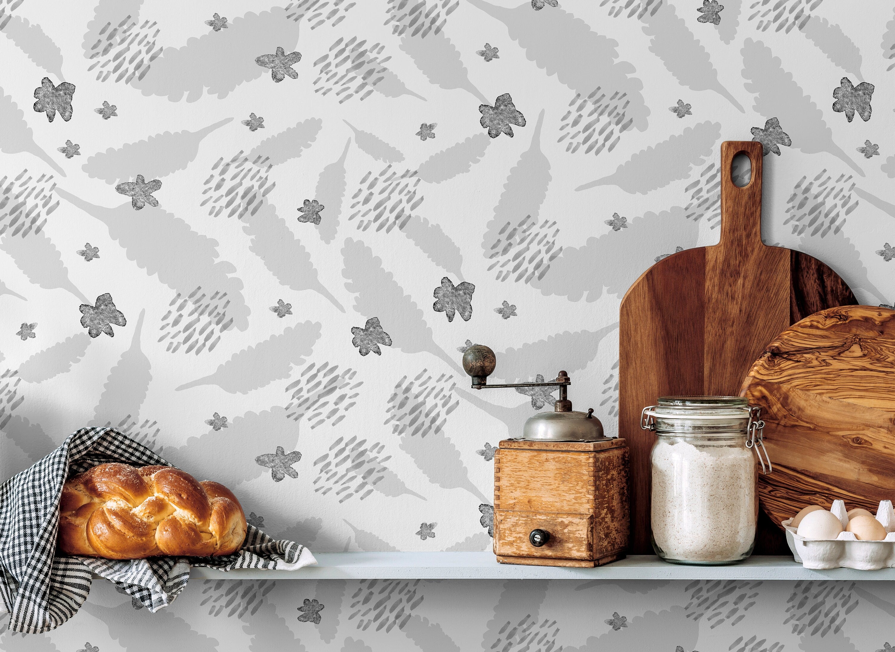 Abstract Wallpaper With Leaf And Flower Motifs In Grey And Black - X005