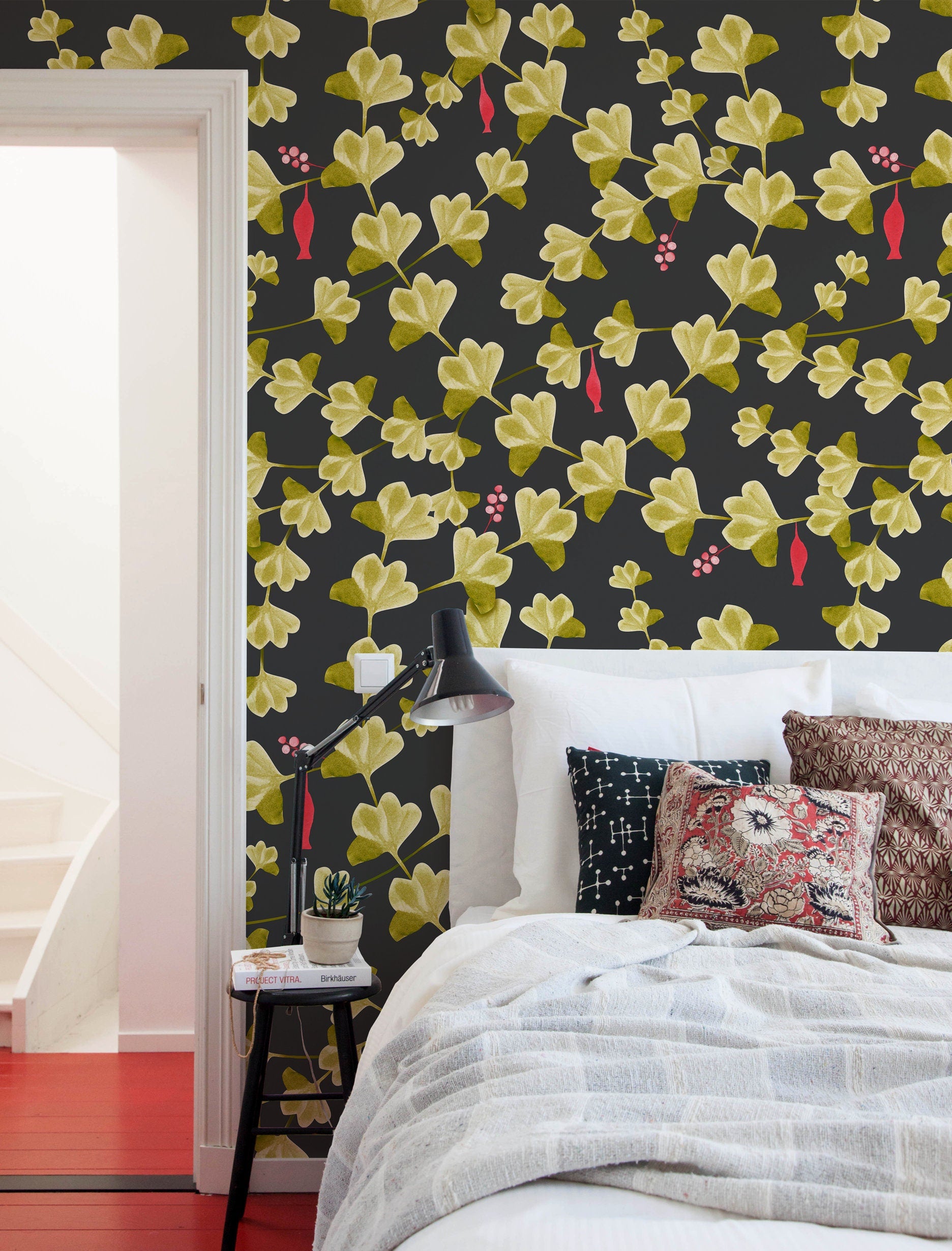 Botanical Wallpaper With Ginkgo Leaves And Berries In Black, Green, And Red - X012