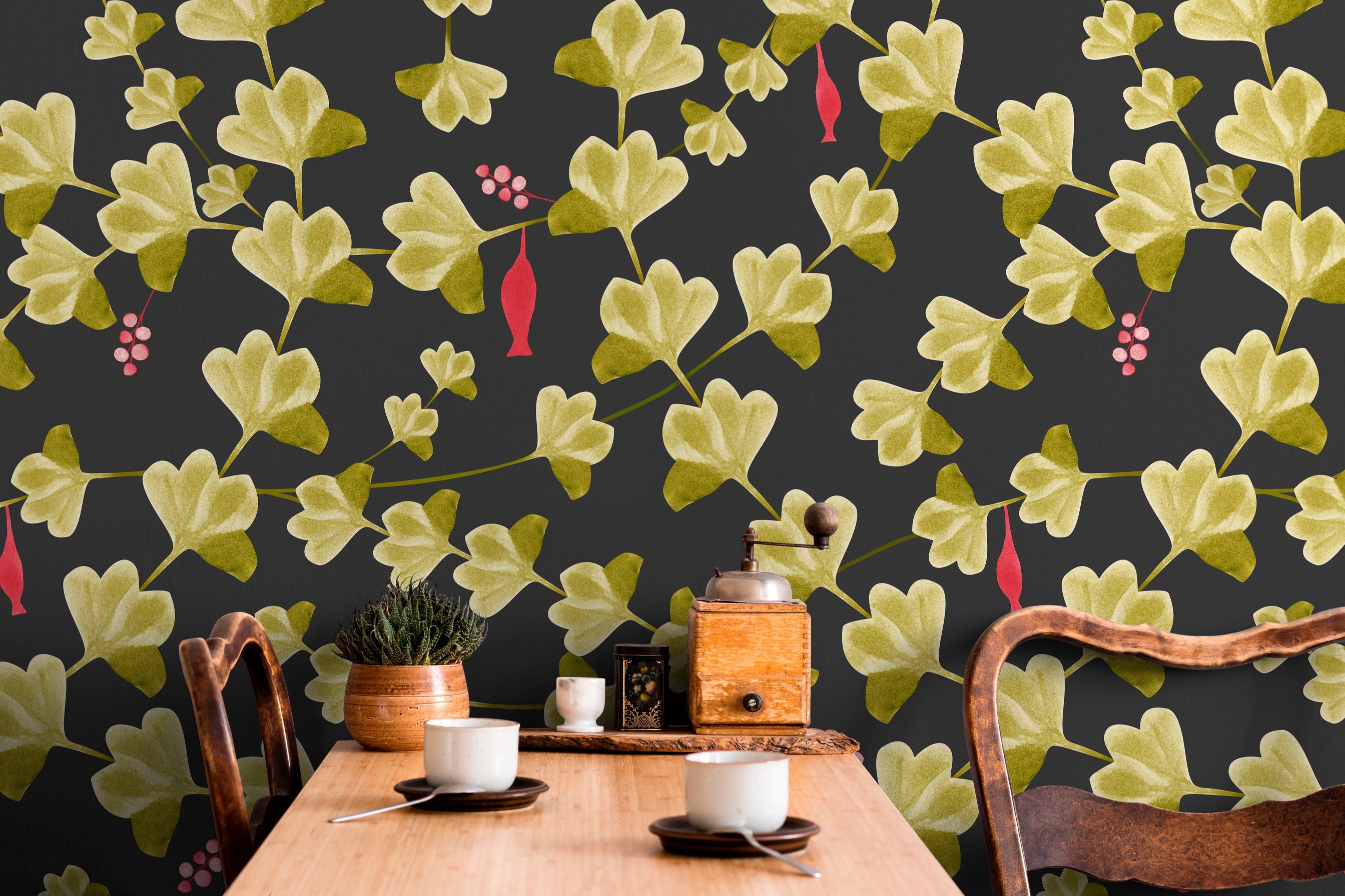 Botanical Wallpaper With Ginkgo Leaves And Berries In Black, Green, And Red - X012