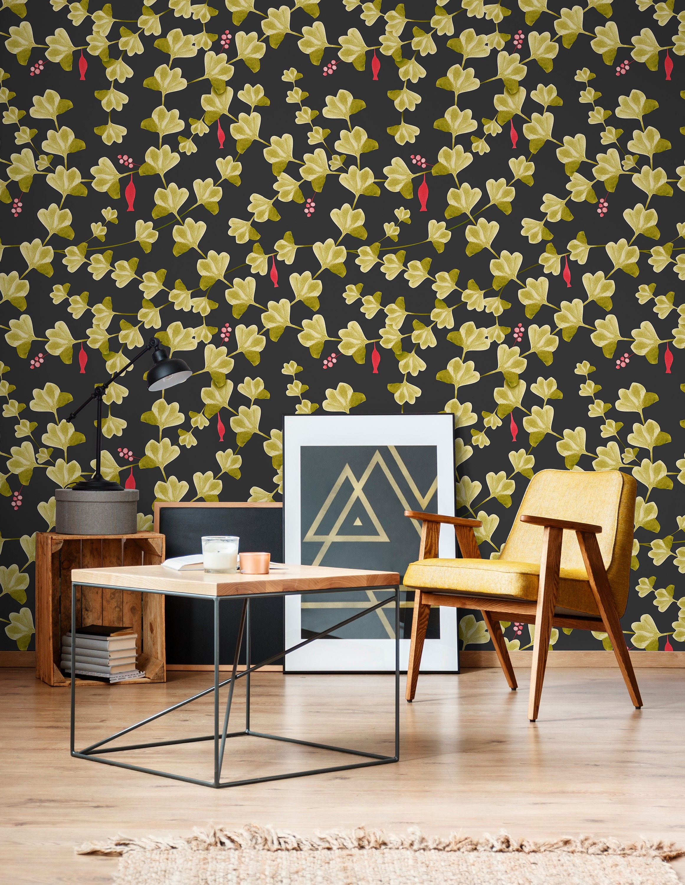Botanical Wallpaper With Ginkgo Leaves And Berries In Black, Green, And Red - X012