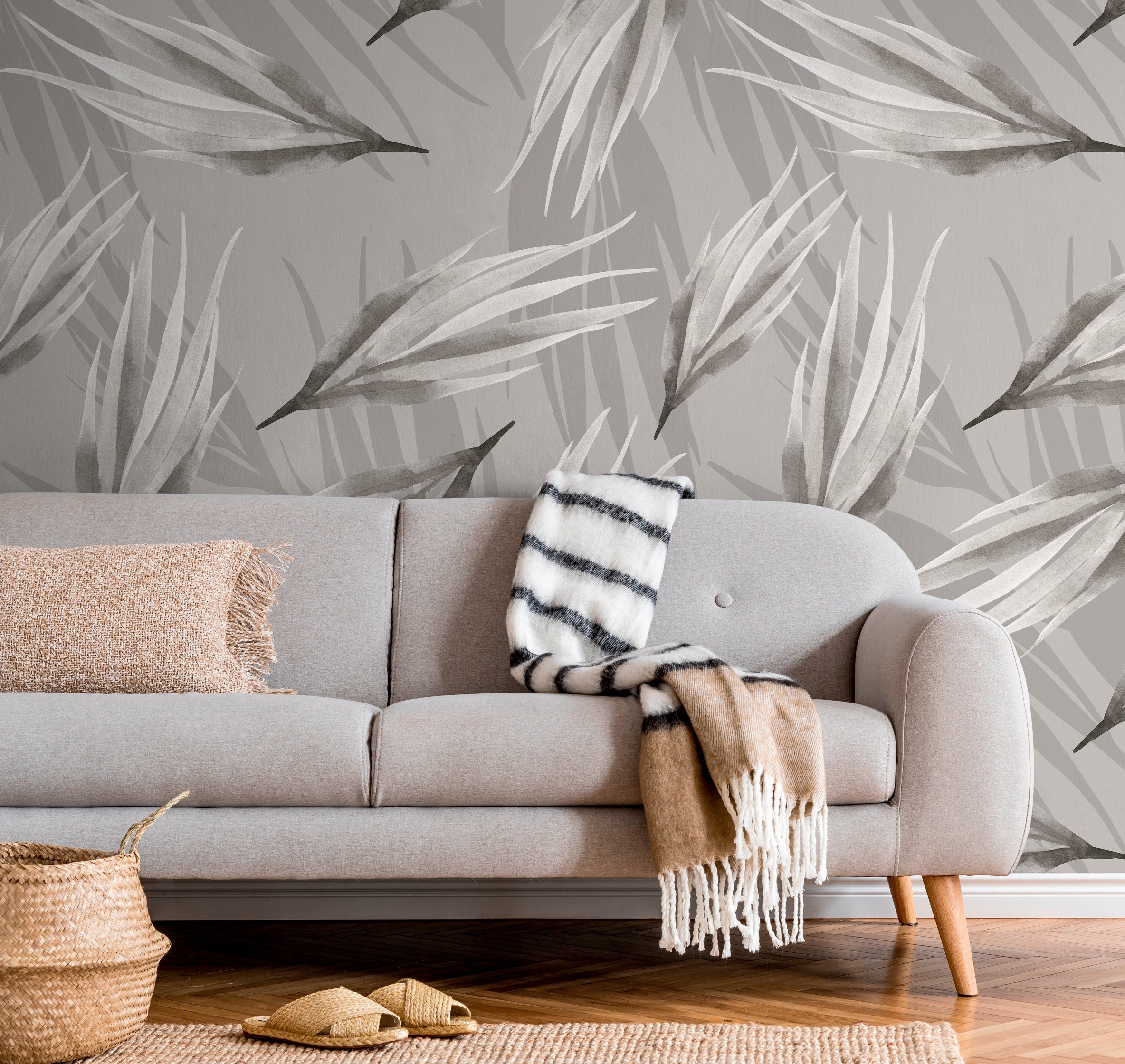 Botanical Wallpaper With Layered Watercolor Leaves In Gray And Black - X018